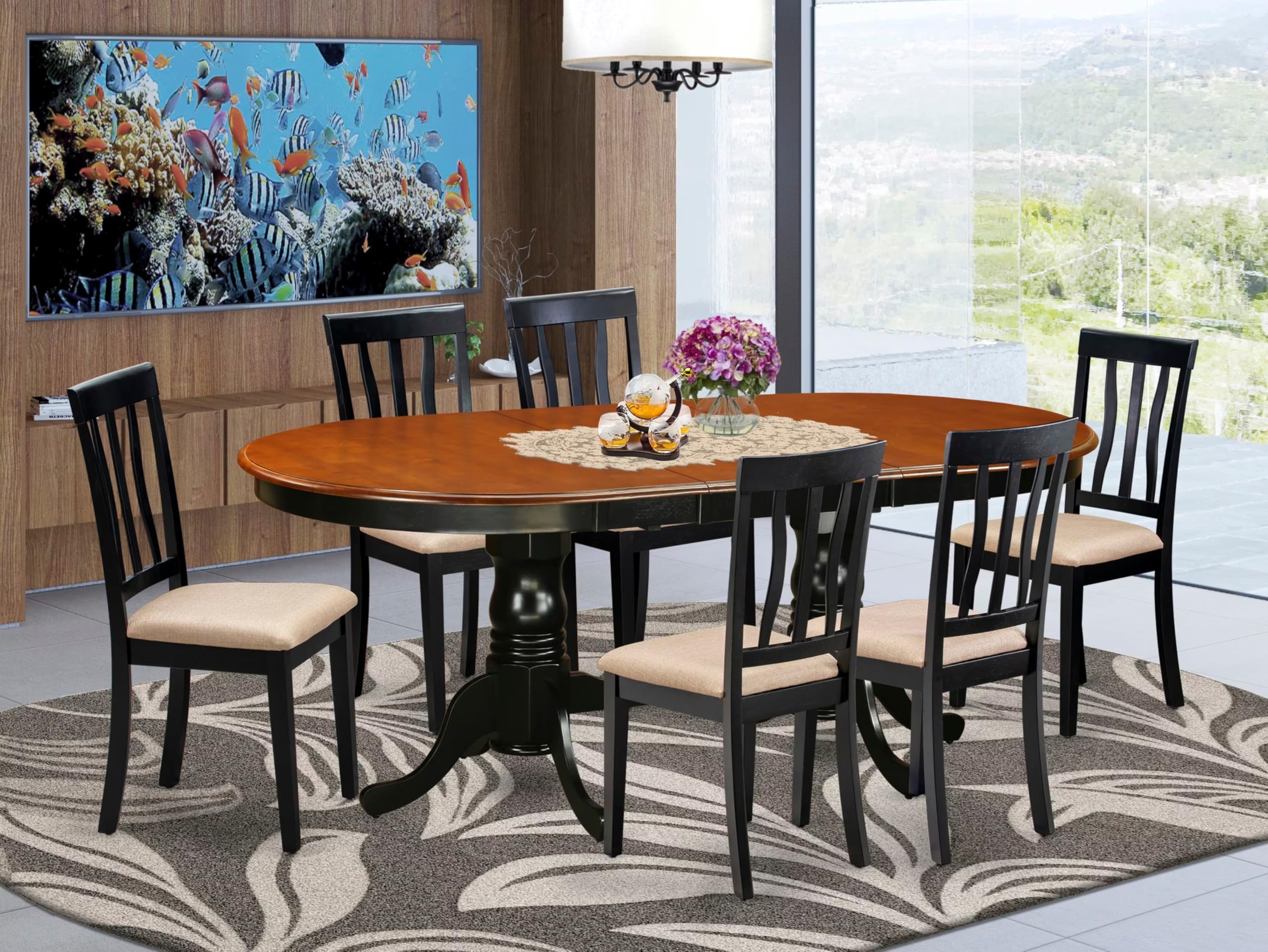 East West Furniture PLAN7-BCH-C 7 Piece Dining Table Set Consist of an Oval Dining Room Table with Butterfly Leaf and 6 Linen Fabric Upholstered Chairs, 42x78 Inch, Black & Cherry