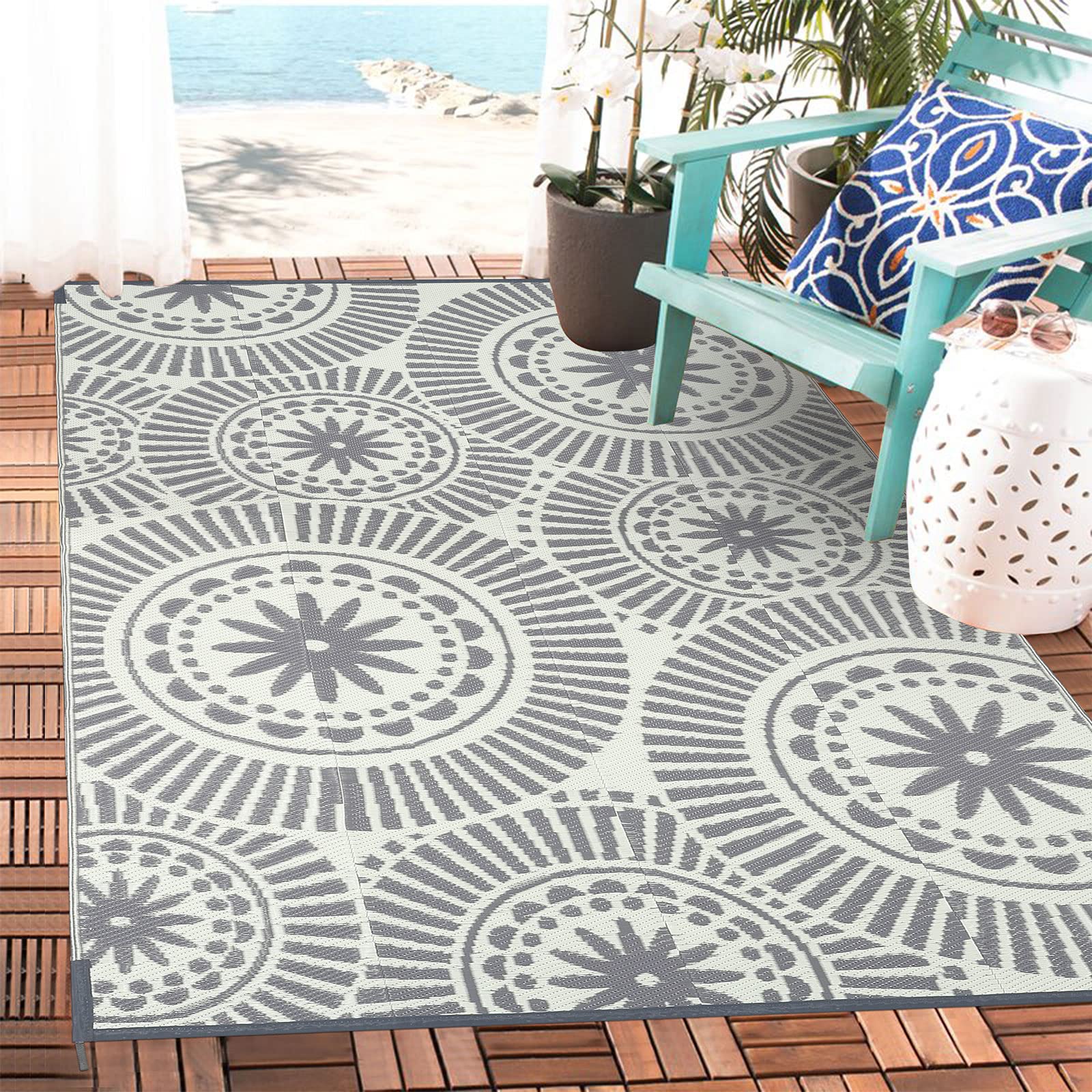 Ileading Reversible Plastic Outdoor Rug Modern Geometric Style Straw Mat, Waterproof Patios Carpet 5X8Ft Non Shedding Portable D