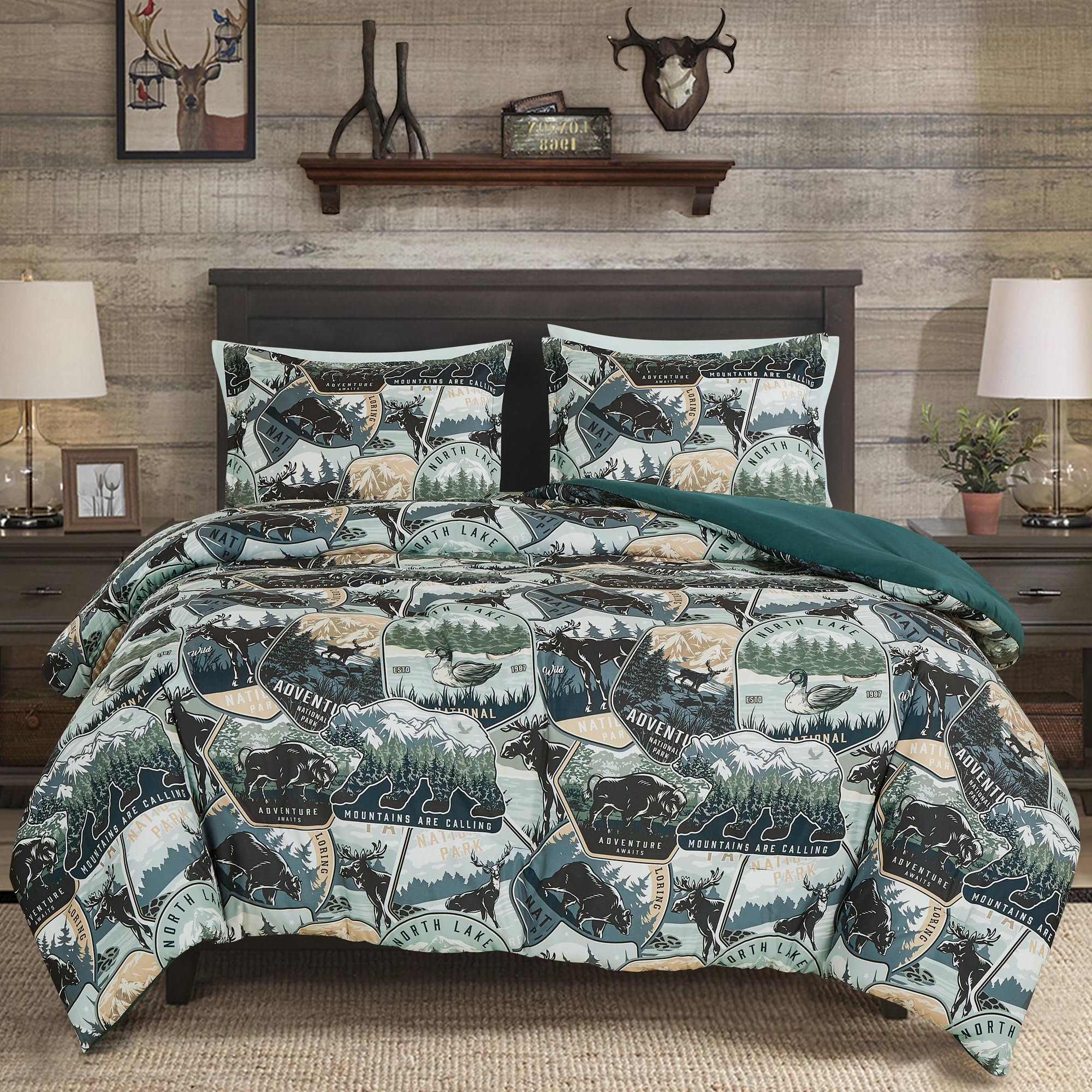 Chezmoi Collection Bishop 3-Piece North Lake Motif Comforter Set - Multicolor Blue Green Brown Black Printed Washed Cabin Lodge