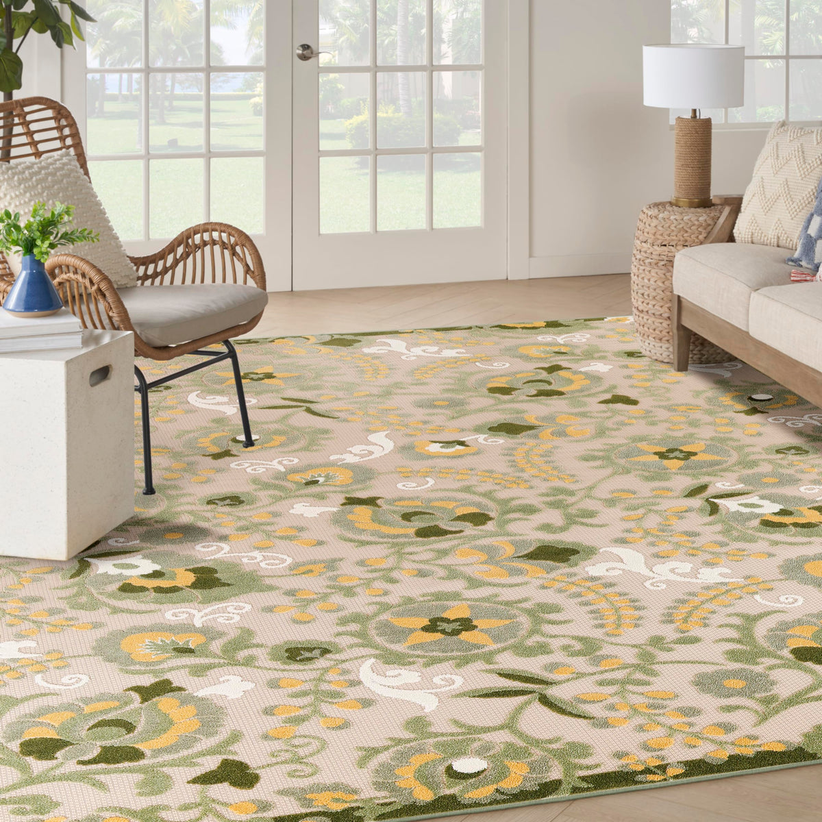 Nourison Aloha Indoor/Outdoor Ivory Green 7'10' X 10'6' Area Rug, Easy Cleaning, Non-Shedding, Bed Room, Living Room, Dining R