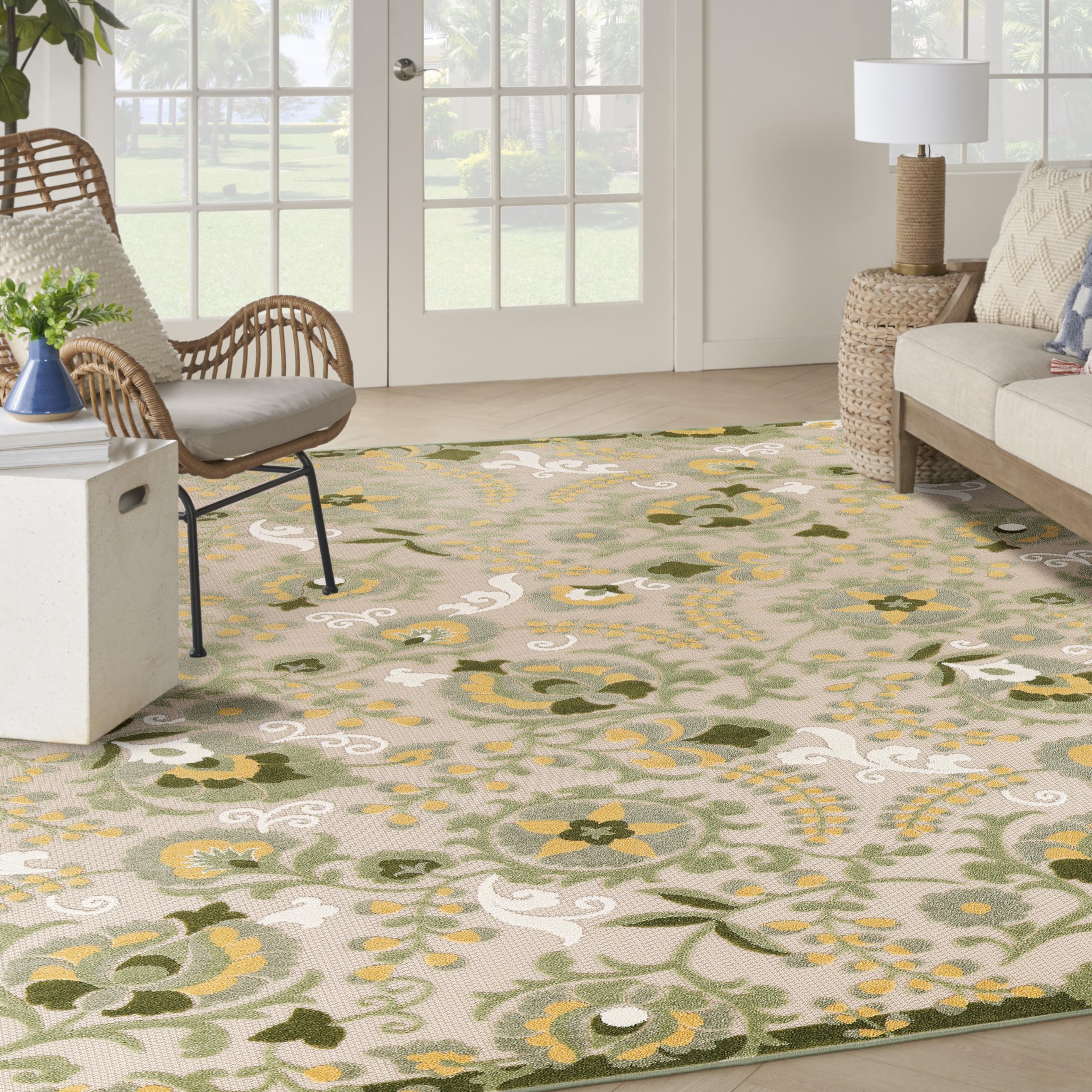 Nourison Aloha Indoor/Outdoor Ivory Green 7'10' X 10'6' Area Rug, Easy Cleaning, Non-Shedding, Bed Room, Living Room, Dining R