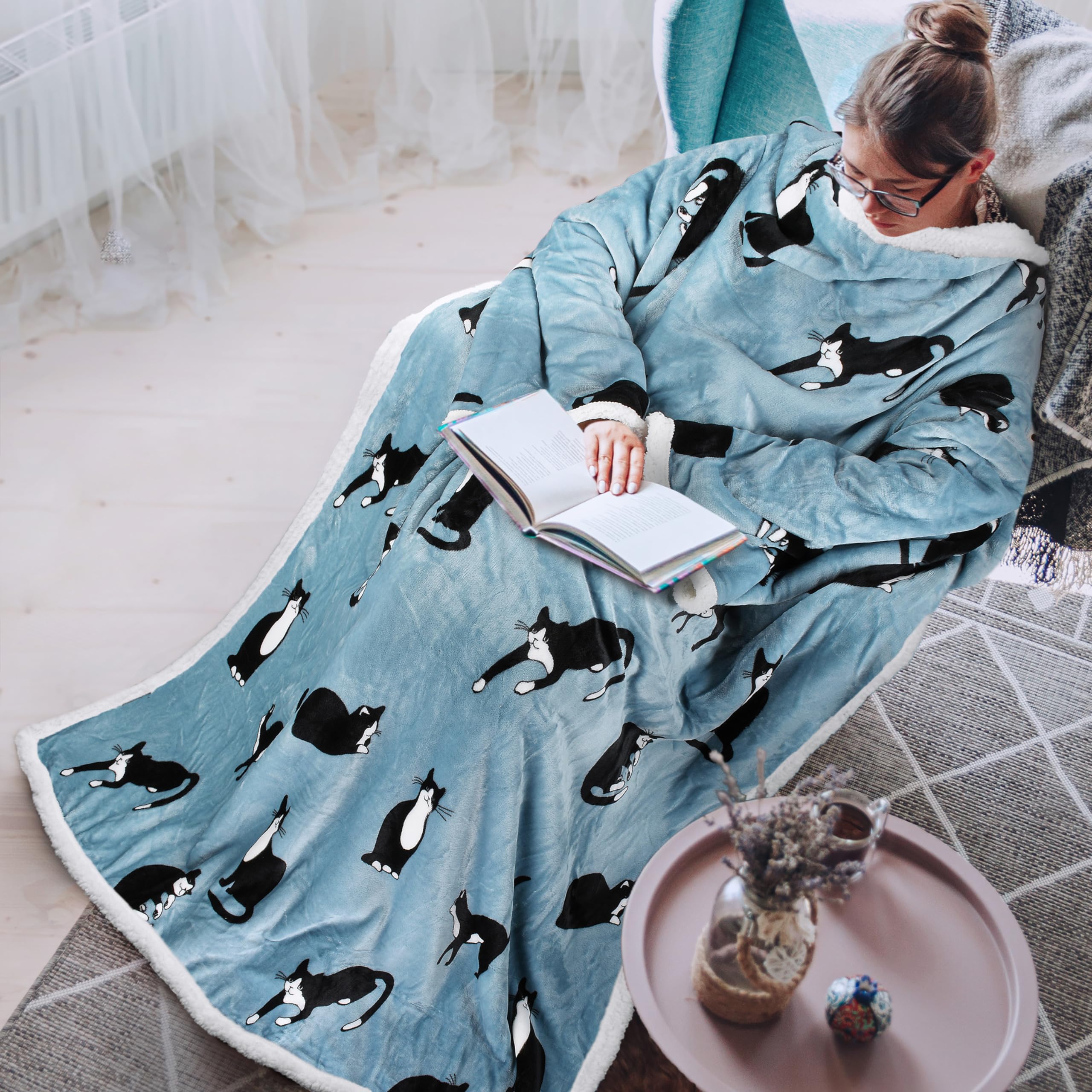 Tirrinia Sherpa Wearable Blanket With Sleeves, Full Body Throw Reading Wrap Tv Blankets, Cozy Blanket Robe, Snuggle Gift For Adu