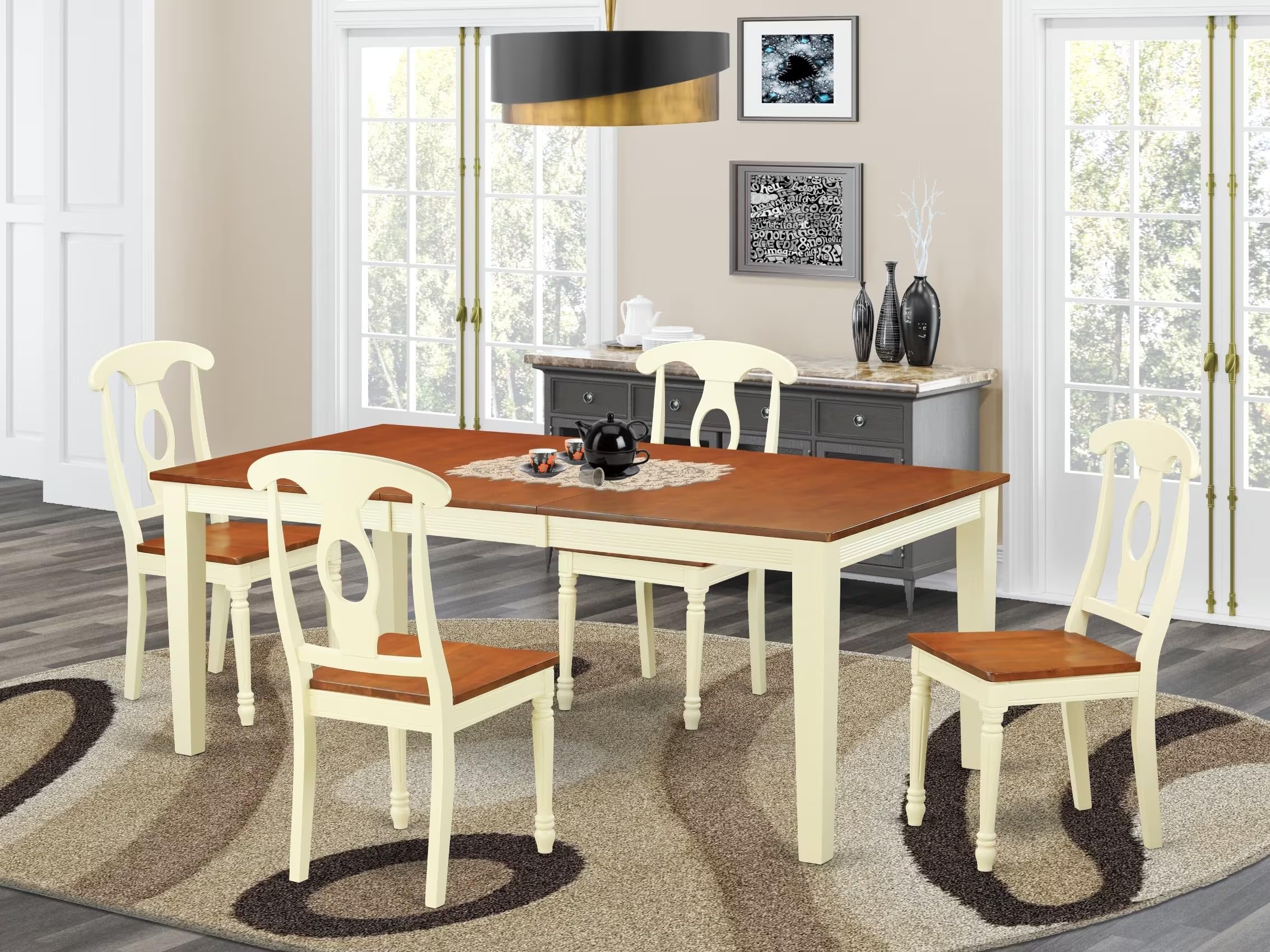 East West Furniture QUKE5-WHI-W 5 Piece Dining Room Furniture Set Includes a Rectangle Wooden Table with Butterfly Leaf and 4 Kitchen Dining Chairs, 40x78 Inch, Buttermilk & Cherry