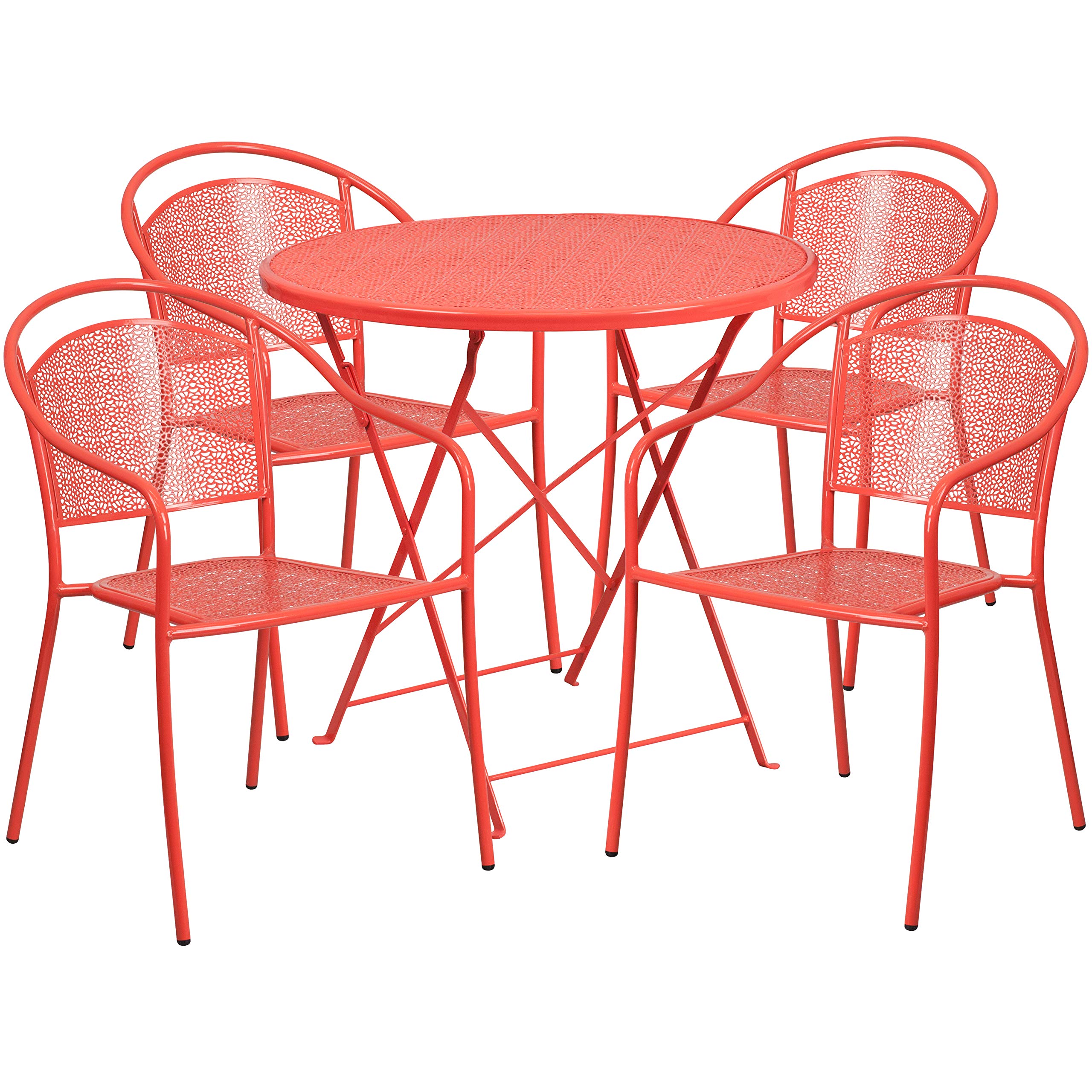 Flash Furniture Commercial Grade 30' Round Coral Indoor-Outdoor Steel Folding Patio Table Set With 4 Round Back Chairs