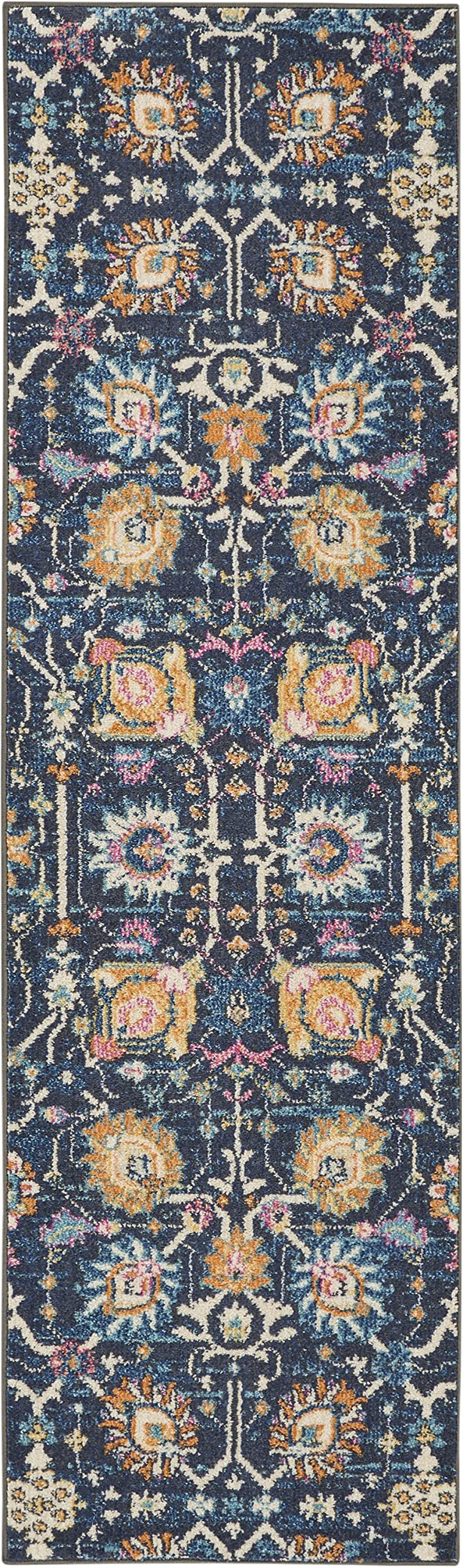 HomeRoots 100% Polypropylene 2’ x 8’ Navy Blue Floral Buds Runner Rug