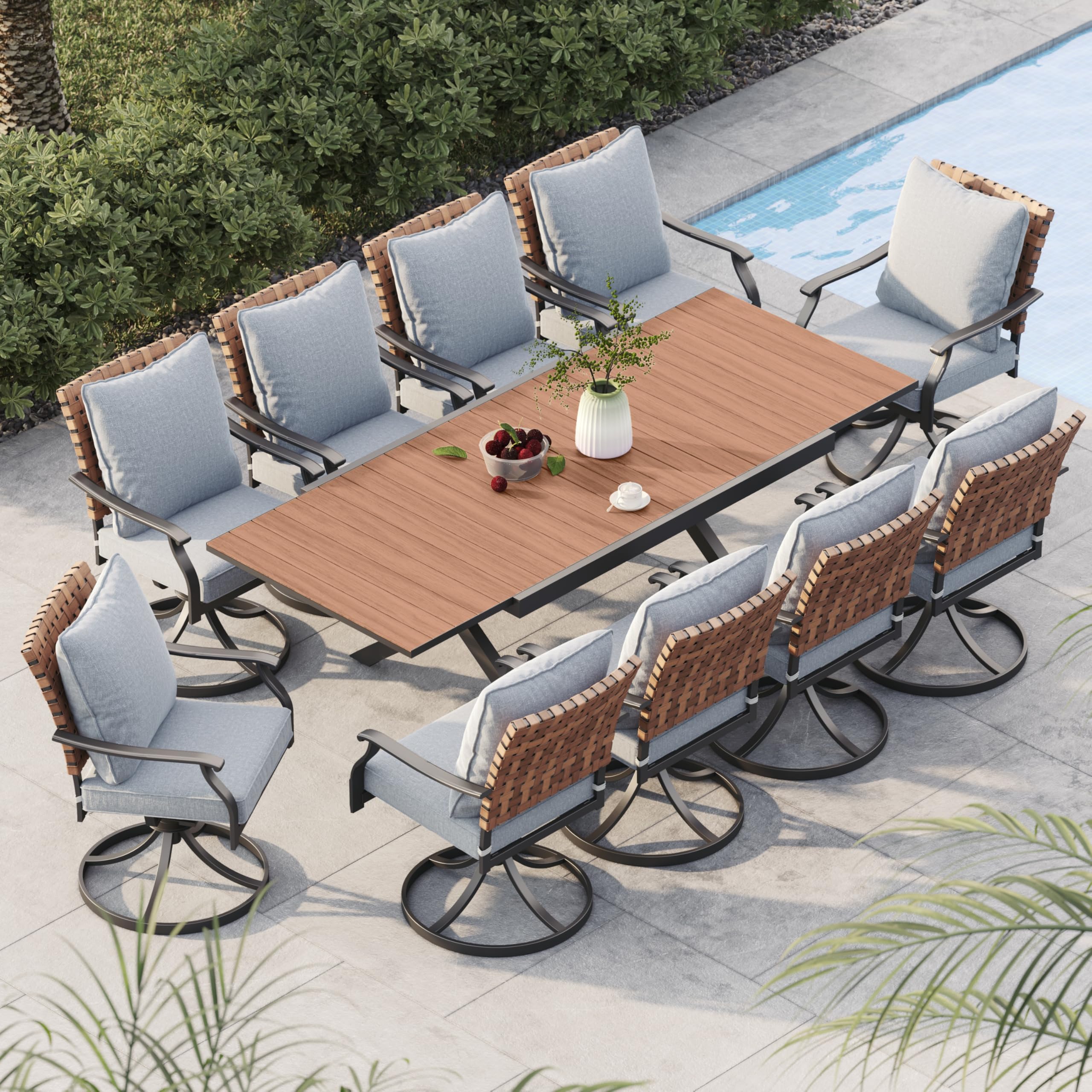 Grand Patio 11-Piece Outdoor Dining Set, 10 Leather-Look Wicker Swivel Patio Chairs & 1 Extendable Rectangular Dining Table, Brown
