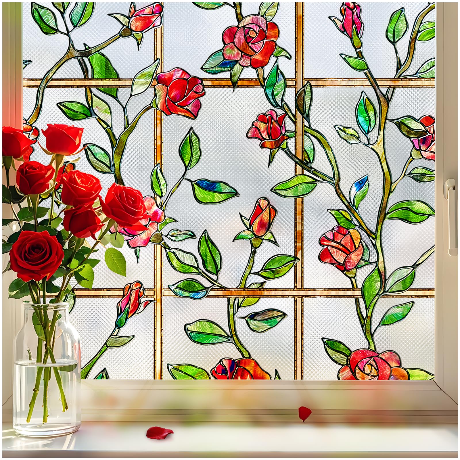 ALIUNI Stained Glass Window Film, Window Privacy Film Frosted Faux 3D Floral Decorative Static Cling Heat Blocking Window Tint, 