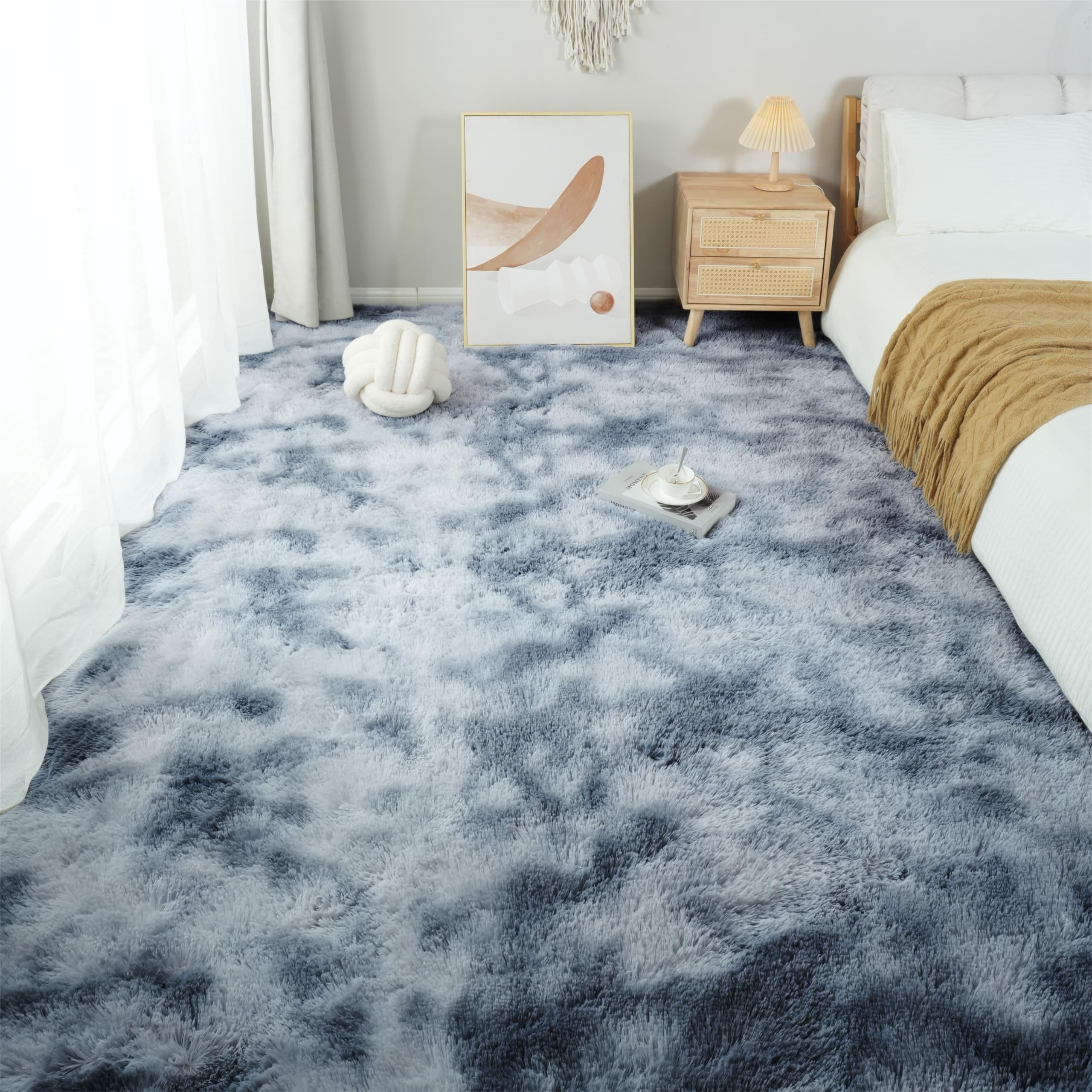 Fluffyrug Grey Shag Area Rug 6x9 Feet - Soft Plush Tie-Dye Light Gray Carpet for Living Room, Fuzzy Rectangular Floor Mat