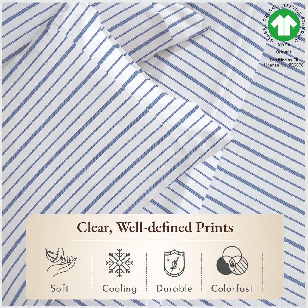California Design Den Stripe Sheets Queen, 100% Organic Cotton Percale Sheets, Deep Pocket Queen Sheets & Pillowcase Set - Blue Stripe