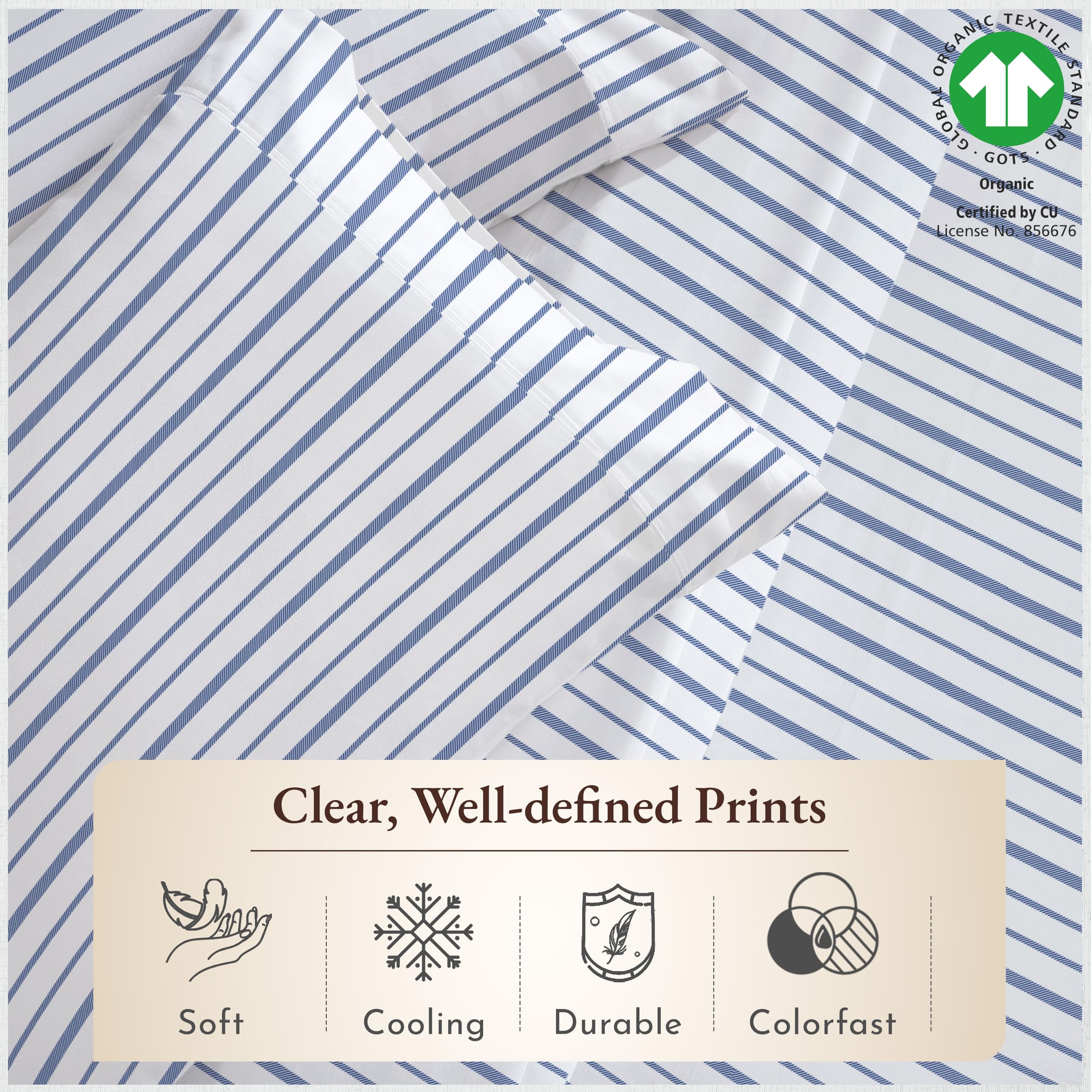 California Design Den Stripe Sheets Queen, 100% Organic Cotton Percale Sheets, Deep Pocket Queen Sheets & Pillowcase Set - Blue Stripe