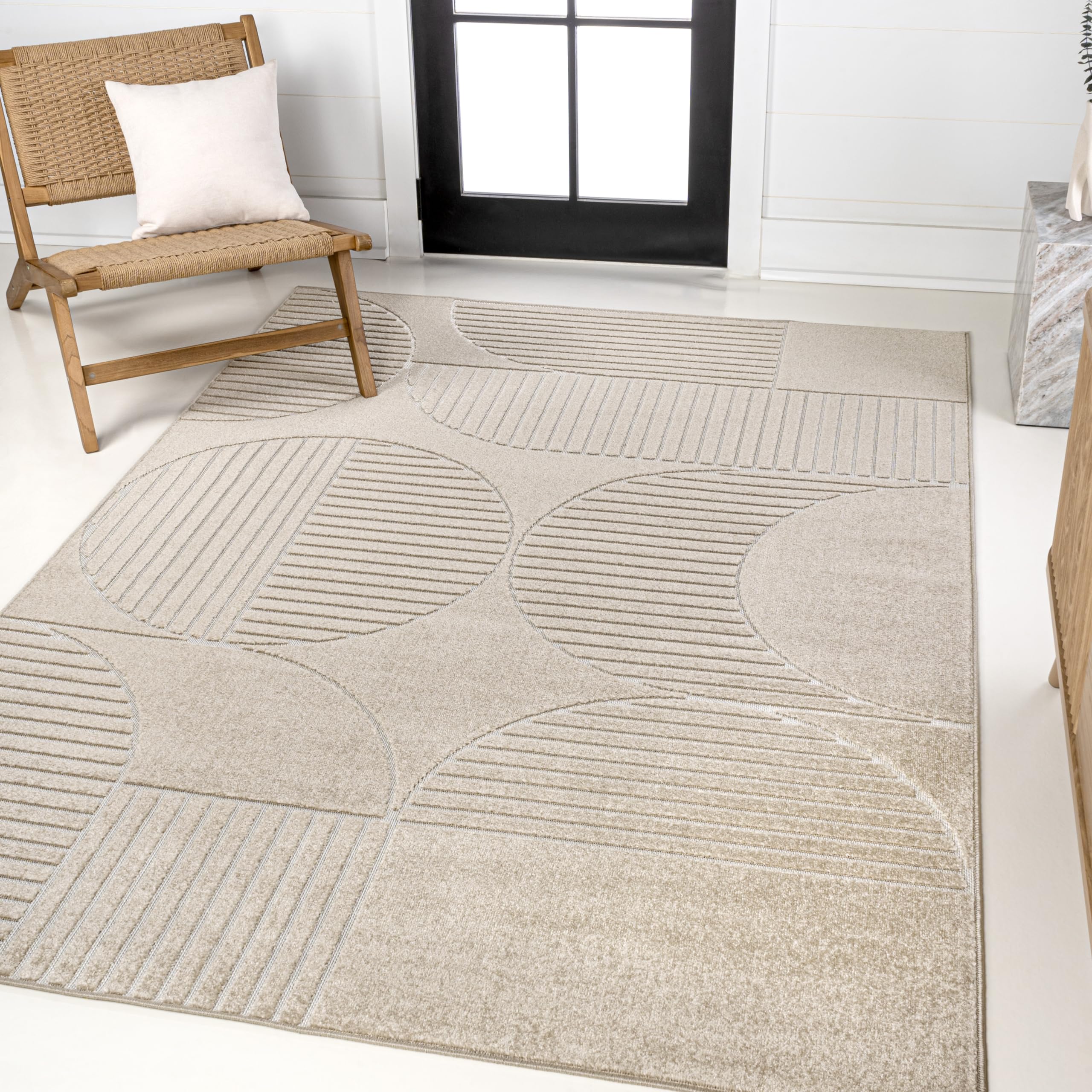 JONATHAN Y SCN104E-5 Nordby High-Low Geometric Arch Scandi Striped Beige/Cream 5 ft. x 8 ft. Indoor/Outdoor Area Rug for Patio, 