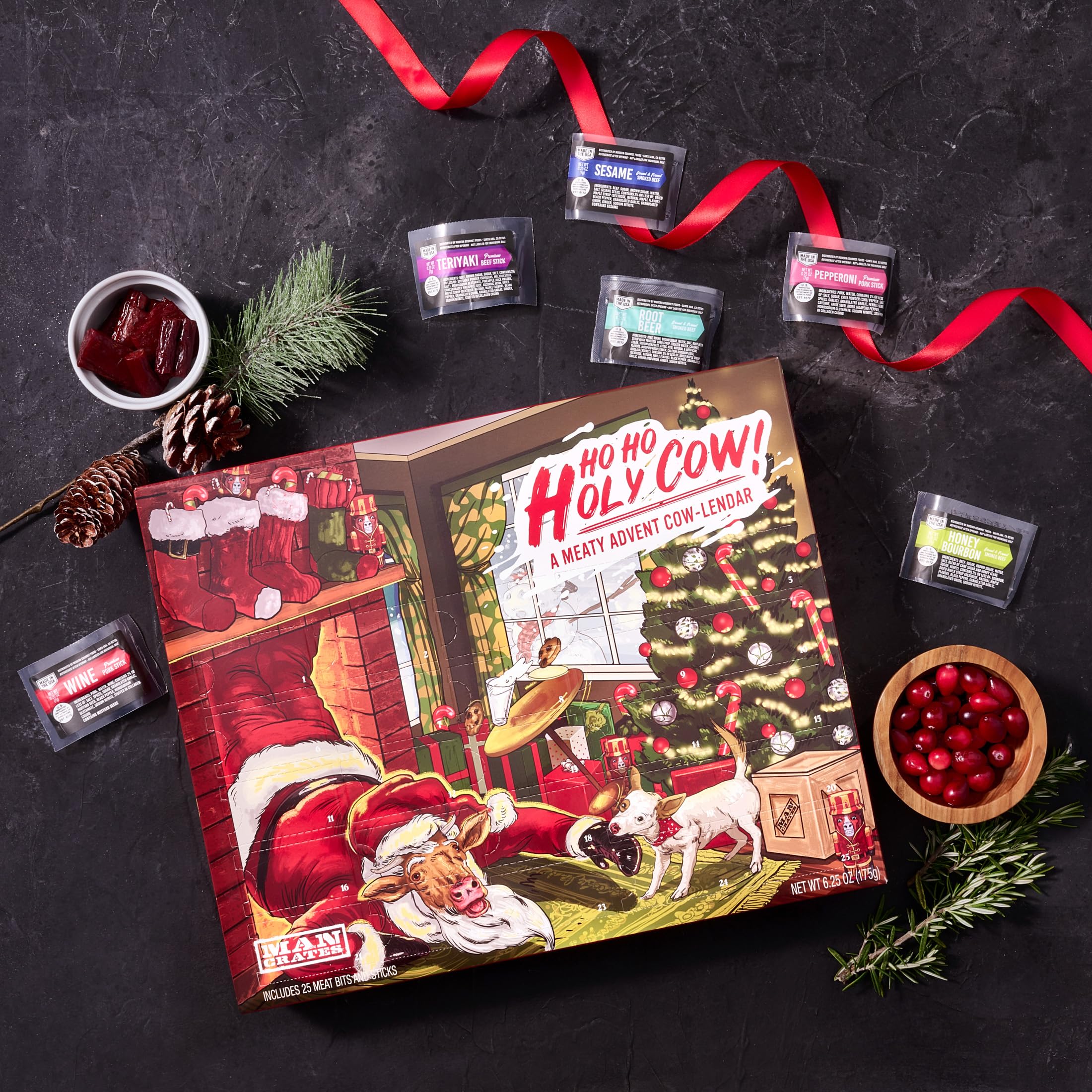 Man Crates Jerky Advent Calendar 2024 - 25 Beef Jerky Bites in Red with Ho-Ho-Holy Cow Artwork - Flavors: Orange Habanero, Rootbeer