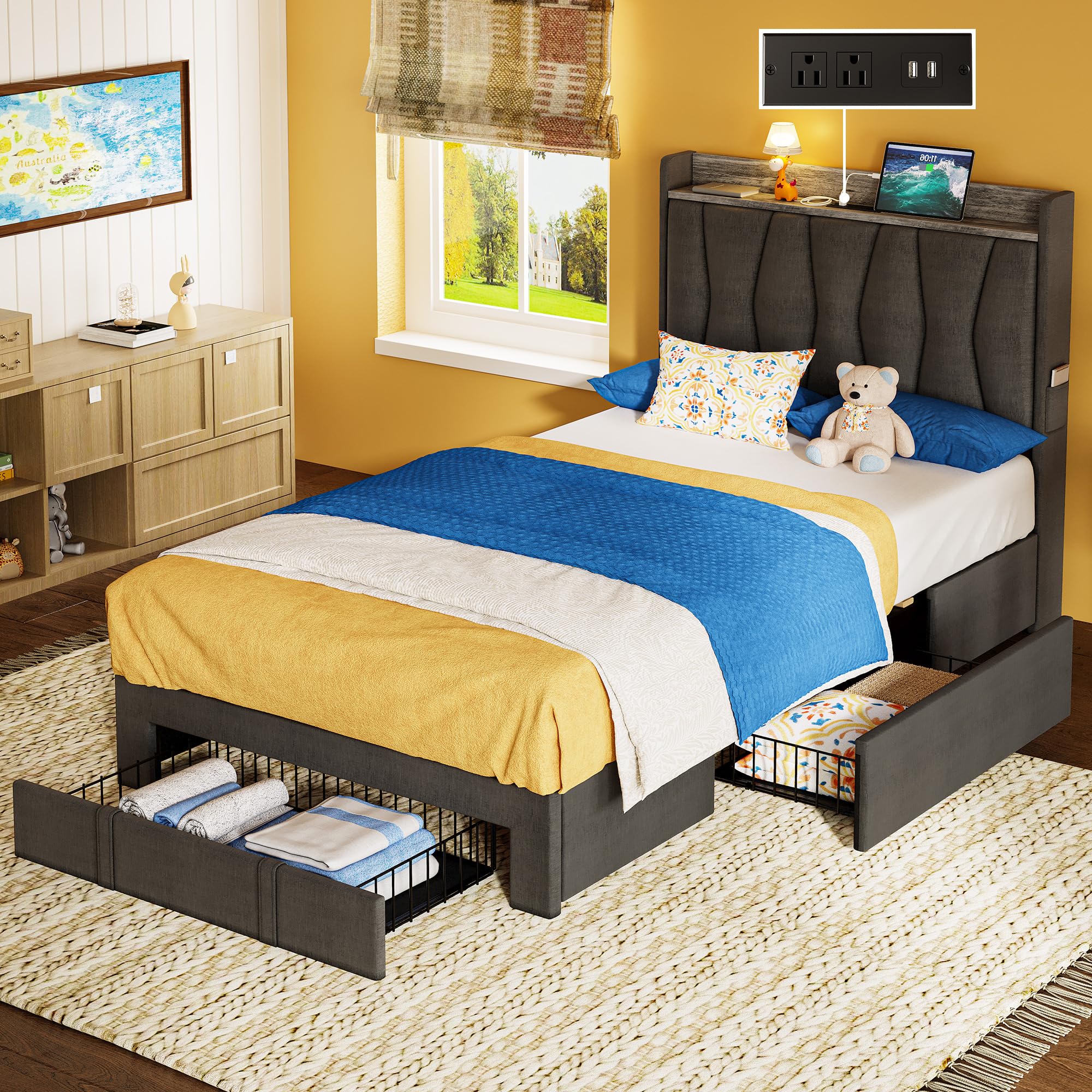 ANCTOR Twin Bed Frame with 3 Drawers, Upholstered Platform Bed with Storage Headboard and Charging Station, No Box Spring Needed