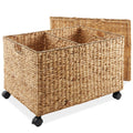 Casafield Rolling Storage Basket Cart with Lid and Locking Wheels, Natural - Handwoven Water Hyacinth Divided Recycling Sorting 