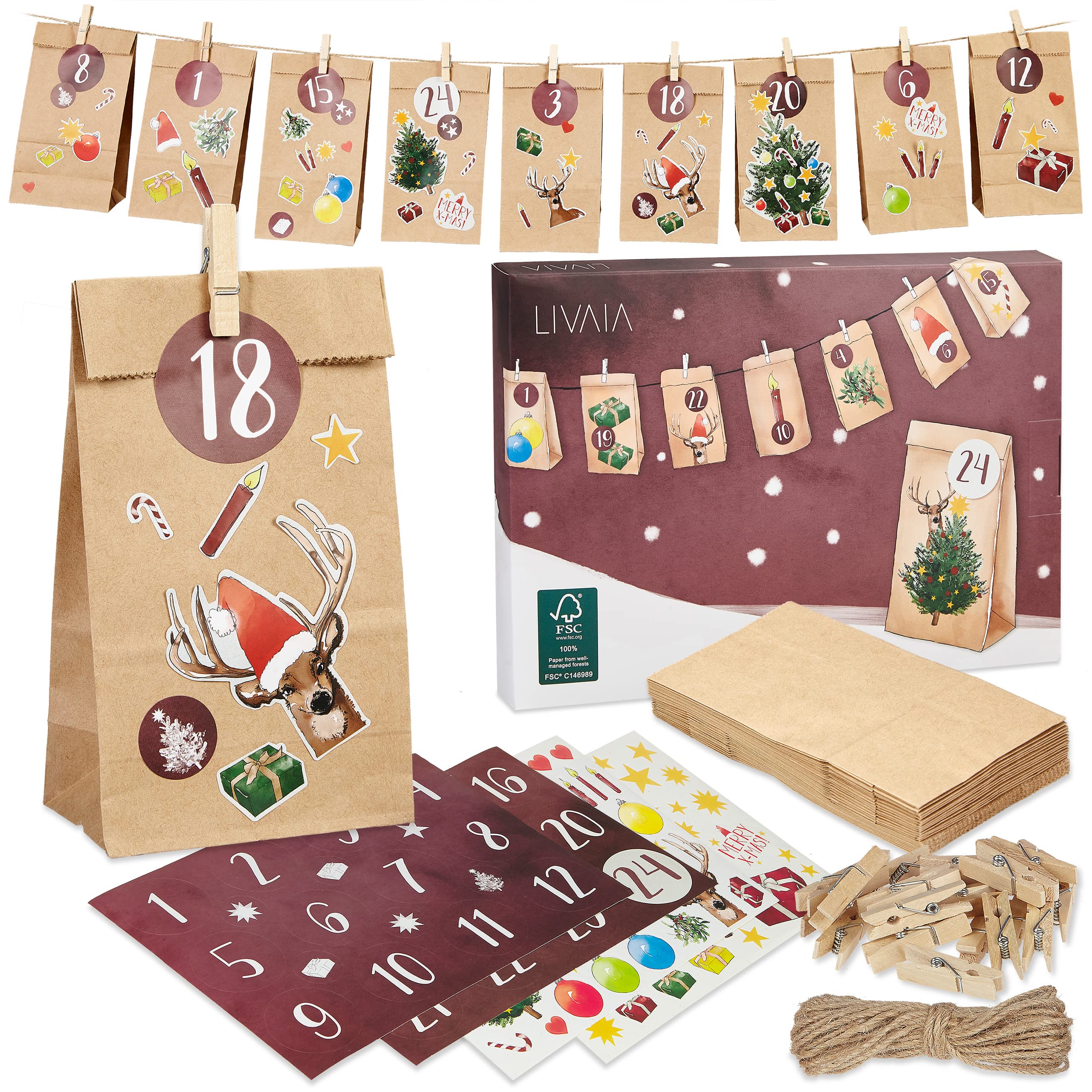 DIY Advent Calendar Kit: Beautiful Craft Advent Calendar 2022 with 24 Paper Bags and Sticker Paper with Designs - Empty Advent C