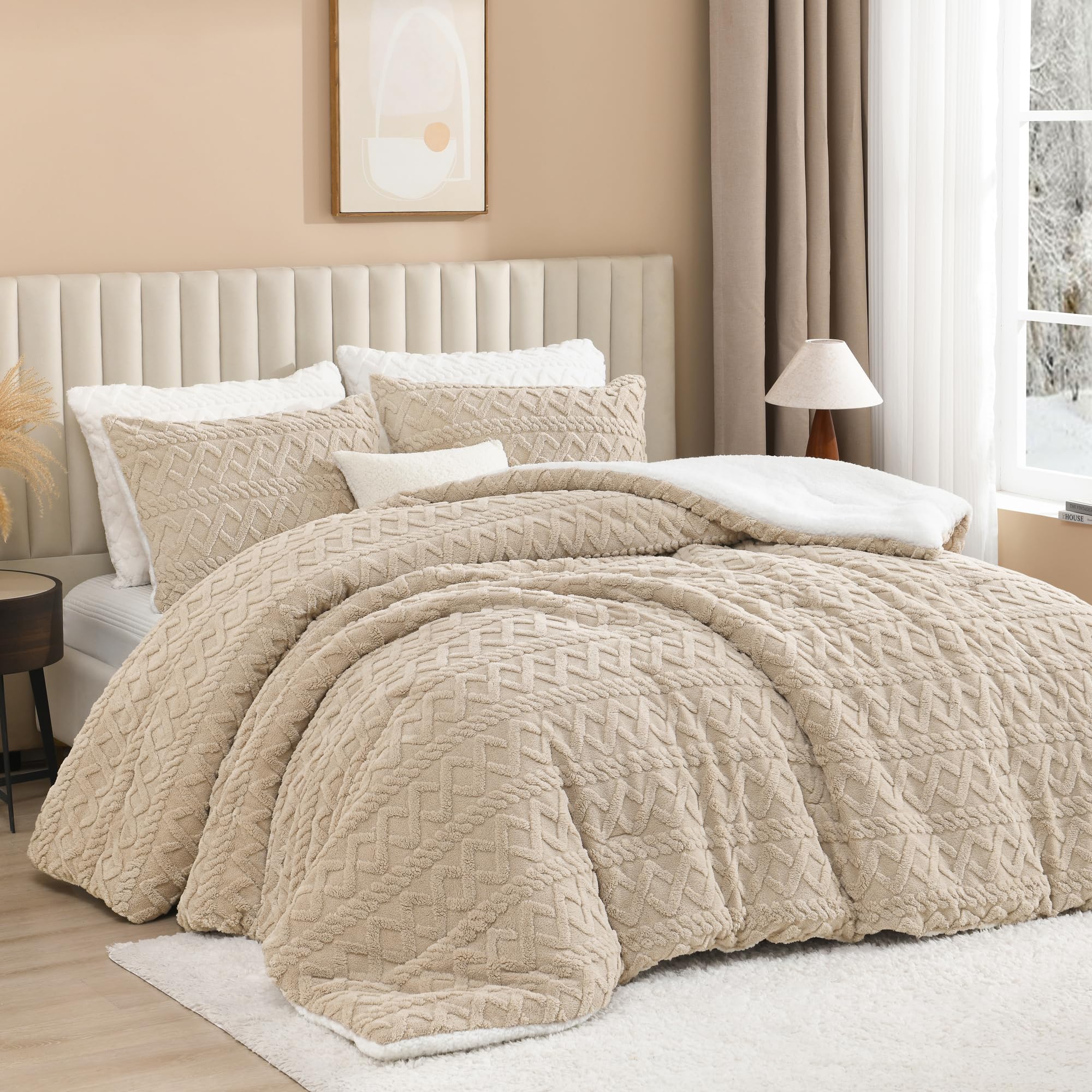 Andency Fluffy Sherpa King Comforter Set, Super Soft Beige Fleece Warm Bedding For Winter, Luxury Jacquard Boho Thick Fuzzy Plus