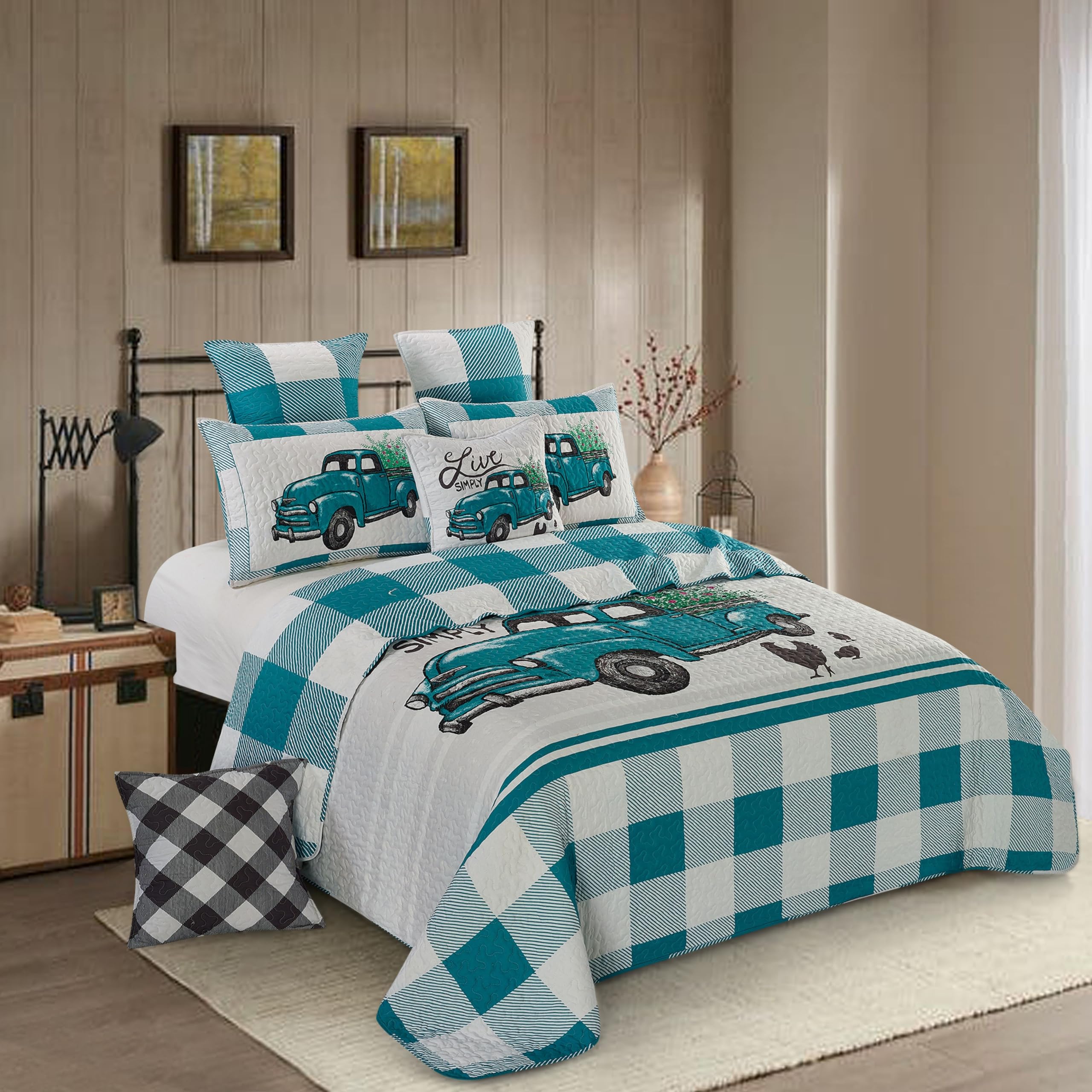 Virah Bella 3 Piece Full/Queen Cabin Quilt Bedding Set - Flower Truck - Rustic Country Reversible Patchwork Comforter Set With D