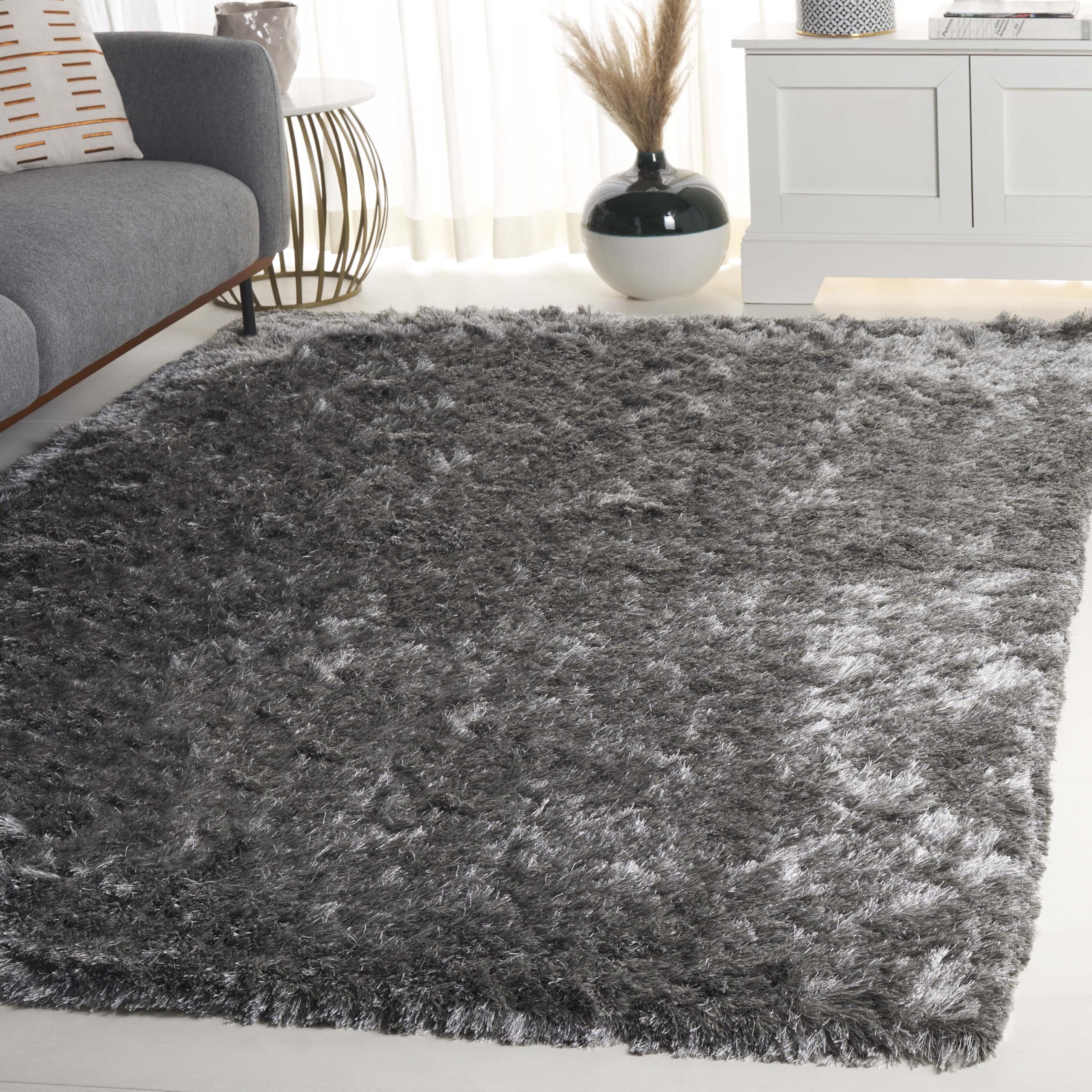 SAFAVIEH Paris Shag Collection Area Rug - 6 x 9, Silver, Handmade Silken Glam, 2.5-inch Thick Ideal for High Traffic Areas in 
