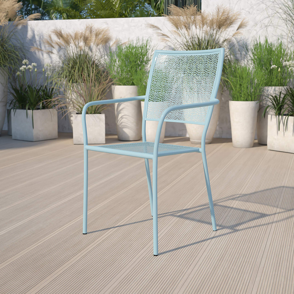 Flash Furniture Commercial Grade Sky Blue Indoor-Outdoor Steel Patio Arm Chair with Square Back
