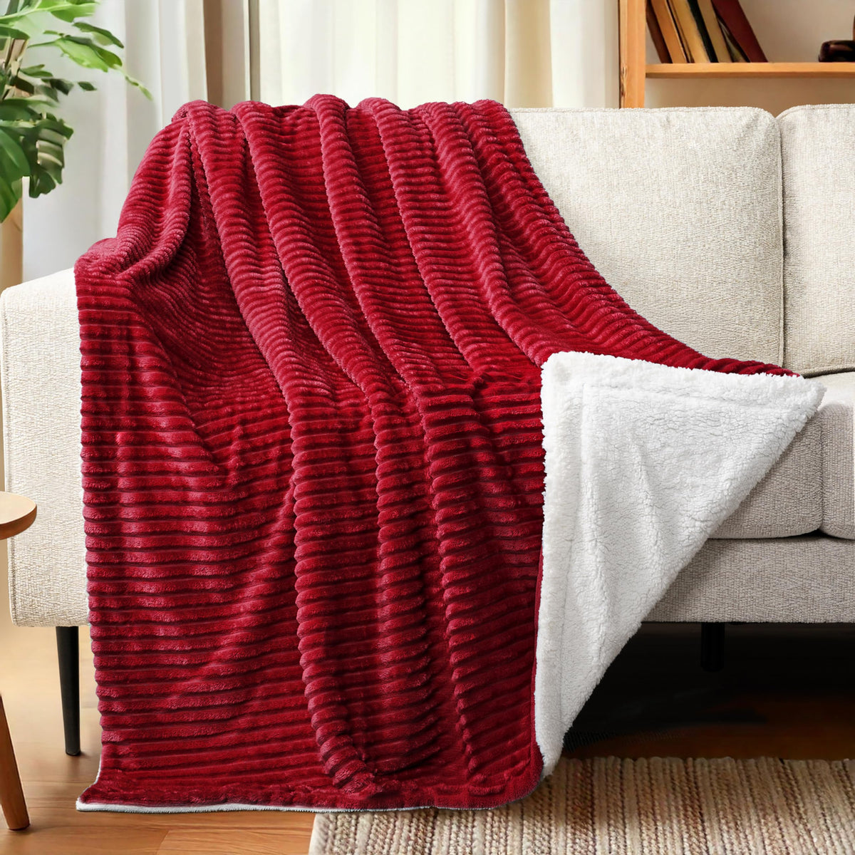 Pavilia Wine Red Burgundy Sherpa Fleece Throw Blanket For Couch, Soft Plush Fuzzy Blankets, Fluffy Flannel Sherpa Blanket For So