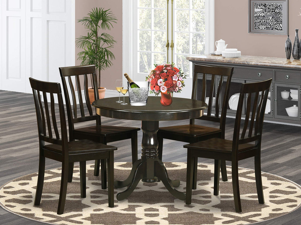 East West Furniture ANTI5-CAP-W 5 Piece Dinette Set for 4 Includes a Round Kitchen Table with Pedestal and 4 Dining Chairs, 36x36 Inch, Cappuccino