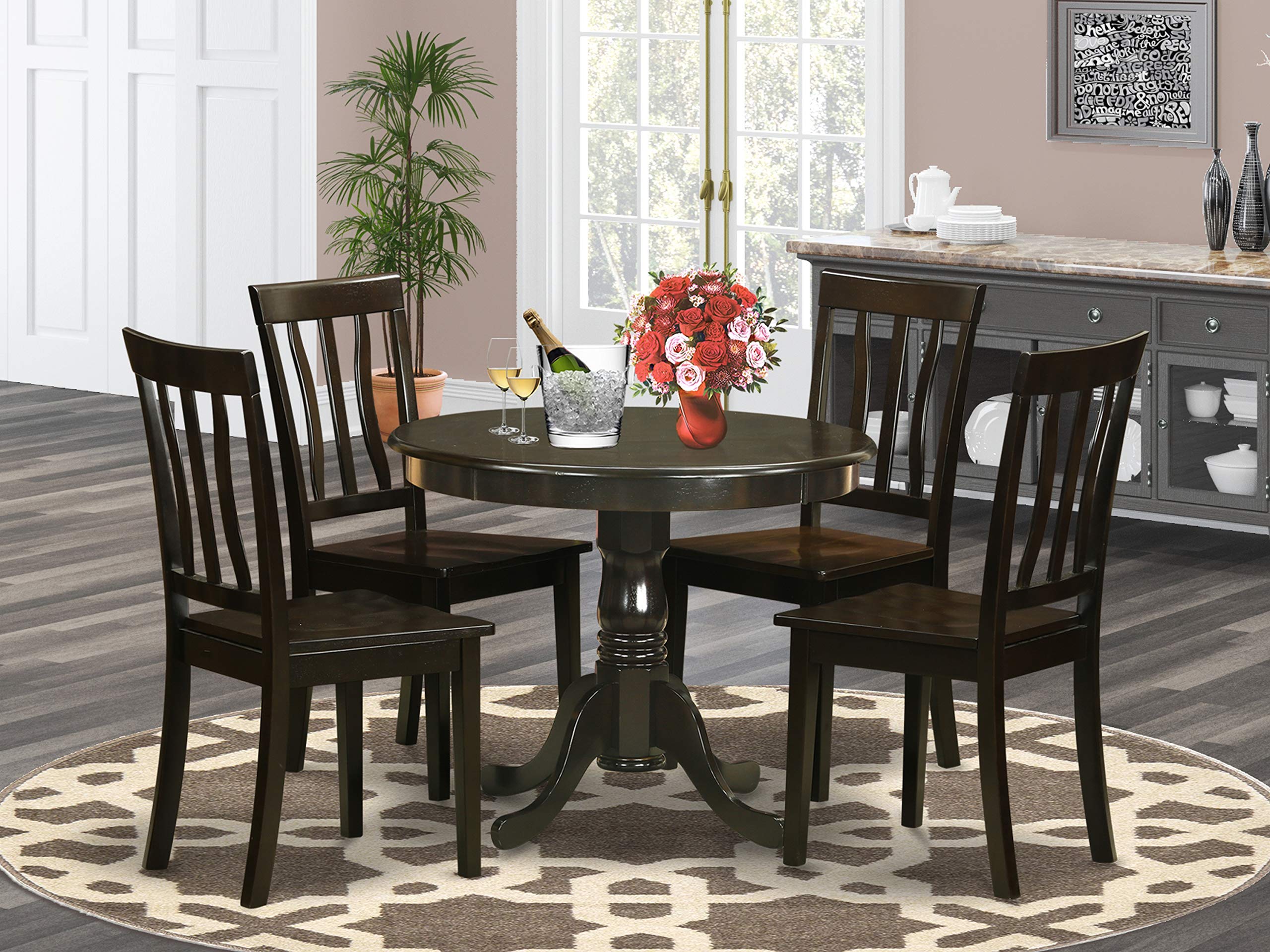 East West Furniture ANTI5-CAP-W 5 Piece Dinette Set for 4 Includes a Round Kitchen Table with Pedestal and 4 Dining Chairs, 36x36 Inch, Cappuccino