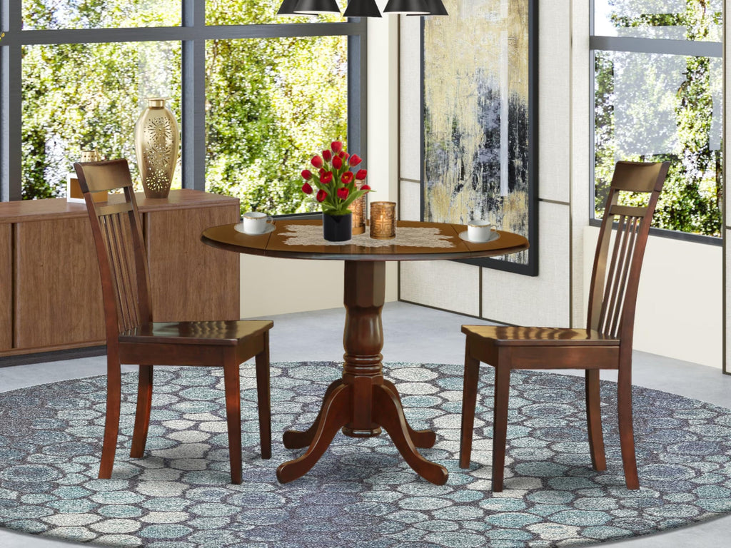 East West Furniture DLCA3-MAH-W Dublin 3 Piece Kitchen Set for Small Spaces Contains a Round Room Table with Dropleaf and 2 Dining Chairs, 42x42 Inch, Mahogany