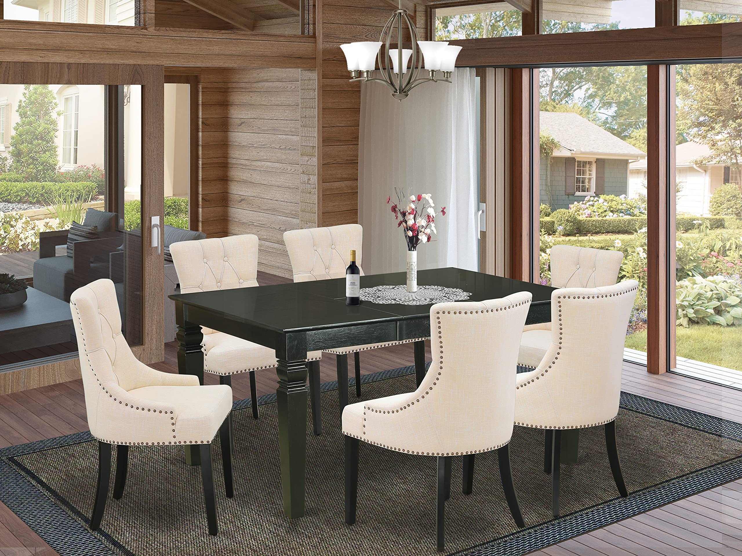 East West Furniture Wefr7-Blk-02 7 Piece Dinette Set Consist Of A Rectangle Dining Room Table With Butterfly Leaf And 6 Light Beige Linen Fabric Upholstered Chairs, 42X60 Inch, Black