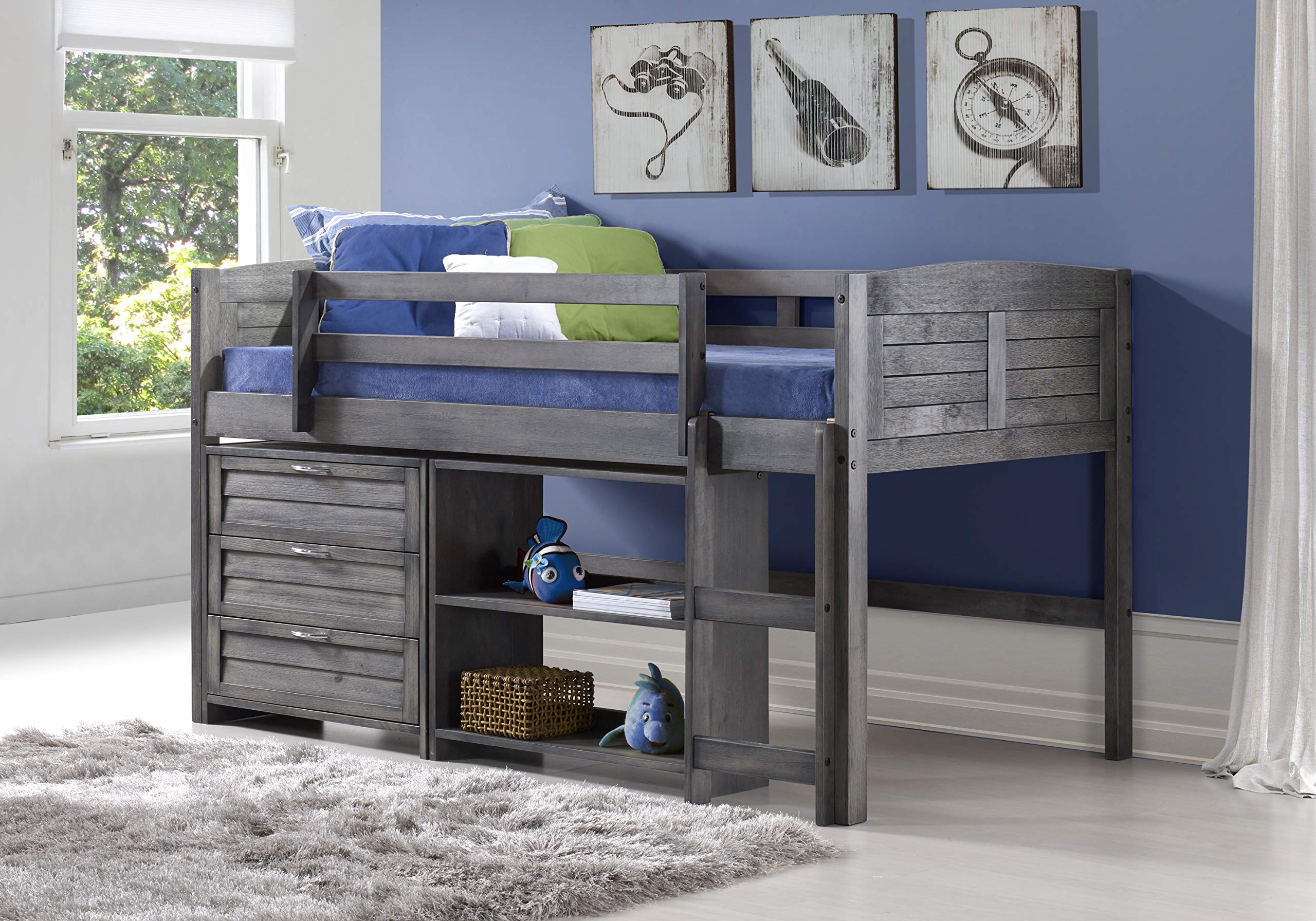 Donco Kids Louver Panel Modular Low Loft Bed in Antique Grey Finish - Combo Set C