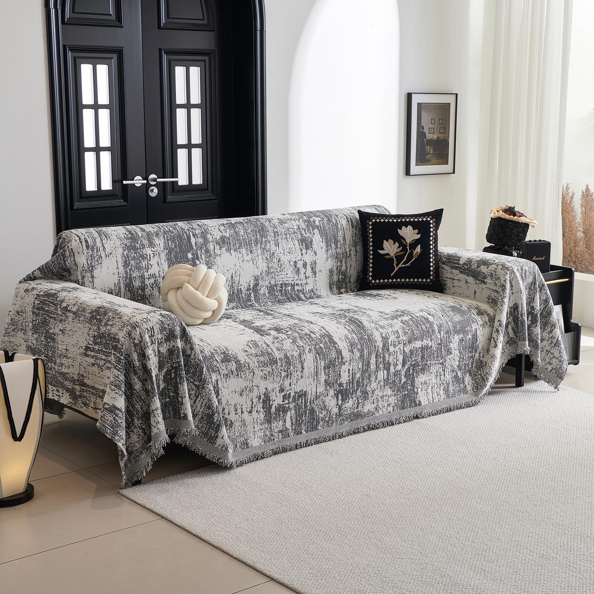 Mysky Home Boho Couch Cover For Dogs Washable Deep Grey Abstract Couch Sofa Protector For Loveseat Sofa Pets Friendly Chenille G