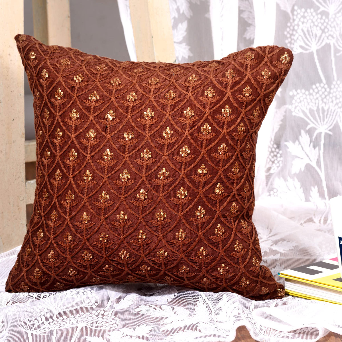 Scarlett Linens Embroidered Cushion Covers Brown 16X16 Inches Pack Of 1 | Designer Pillows For Room DCor | Fancy Decorative Pill