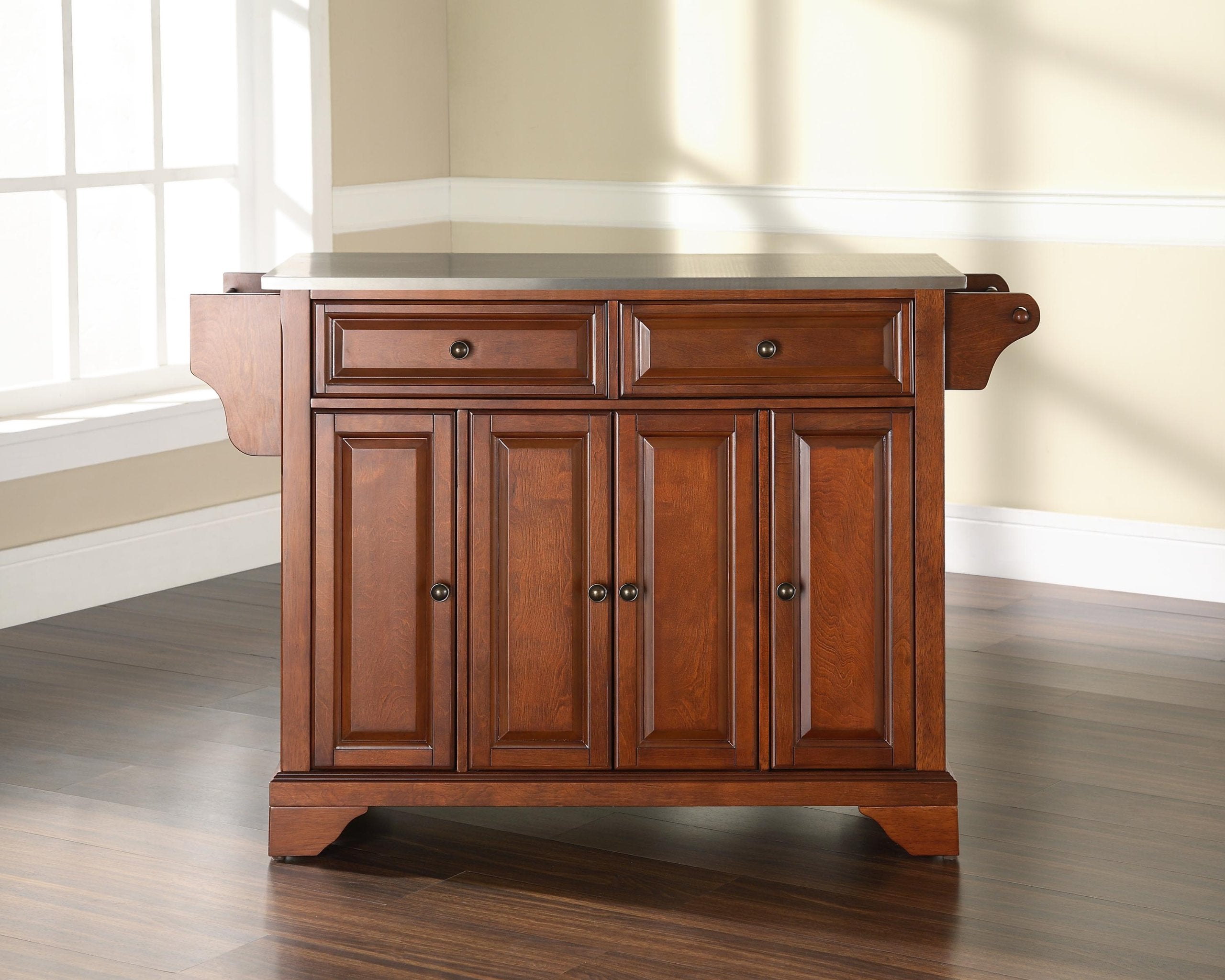 Crosley Furniture Lafayette Stainless Steel Top Rolling Kitchen Island Storage Cart, Spice Rack, Cherry