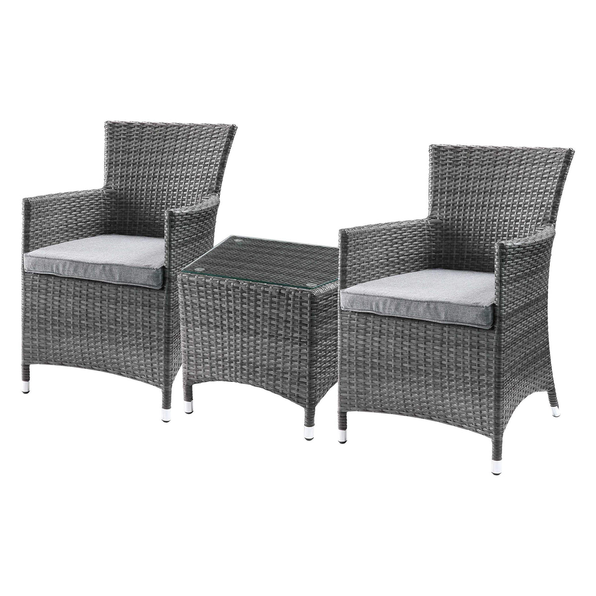 HomeRoots Synthetic Wicker, Glass, 24' X 24' X 35' 3Pc Gray Fabric and Wicker Patio Bistro Set