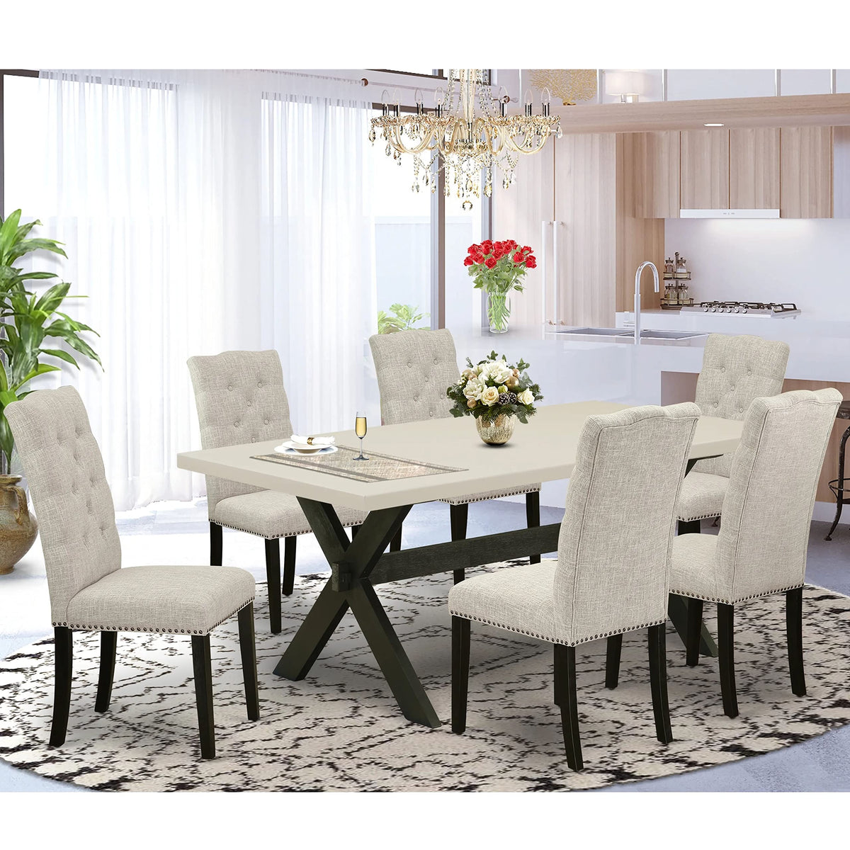 East West Furniture X627EL635-7 7 Piece Dining Table Set Consist of a Rectangle Dining Room Table with X-Legs and 6 Doeskin Linen Fabric Upholstered Chairs, 40x72 Inch, Multi-Color