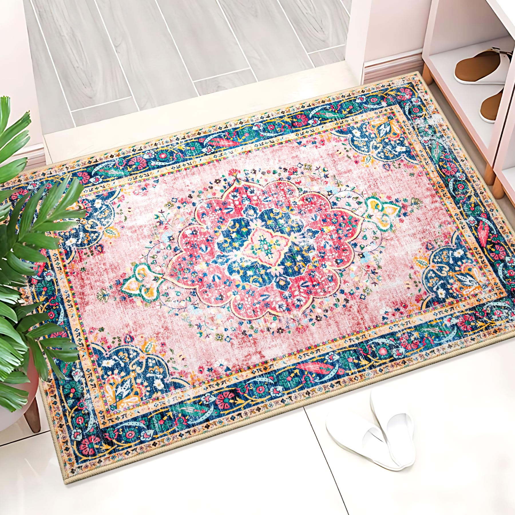 YesRug Small Area Rug 2x3 Pink Boho Bathroom Rug for Entryway Kitchen Blush Thin Foldable Vintage Throw Rug Low Pile Non Slip Wa