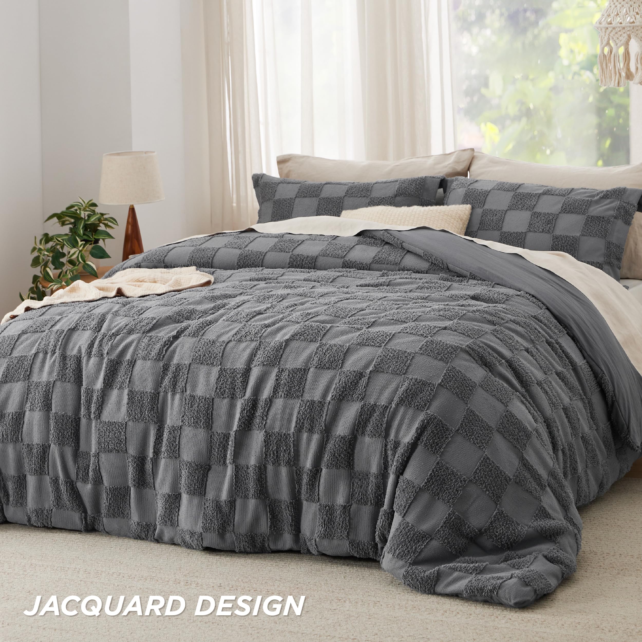 Bedsure Queen Size Comforter Set Dark Grey, Boho Tufted Bed Set, Checkered Farmhouse Shabby Chic Bedding, 3 Pieces, 1 Plaid Geometric Comforter And 2 Pillow Shams