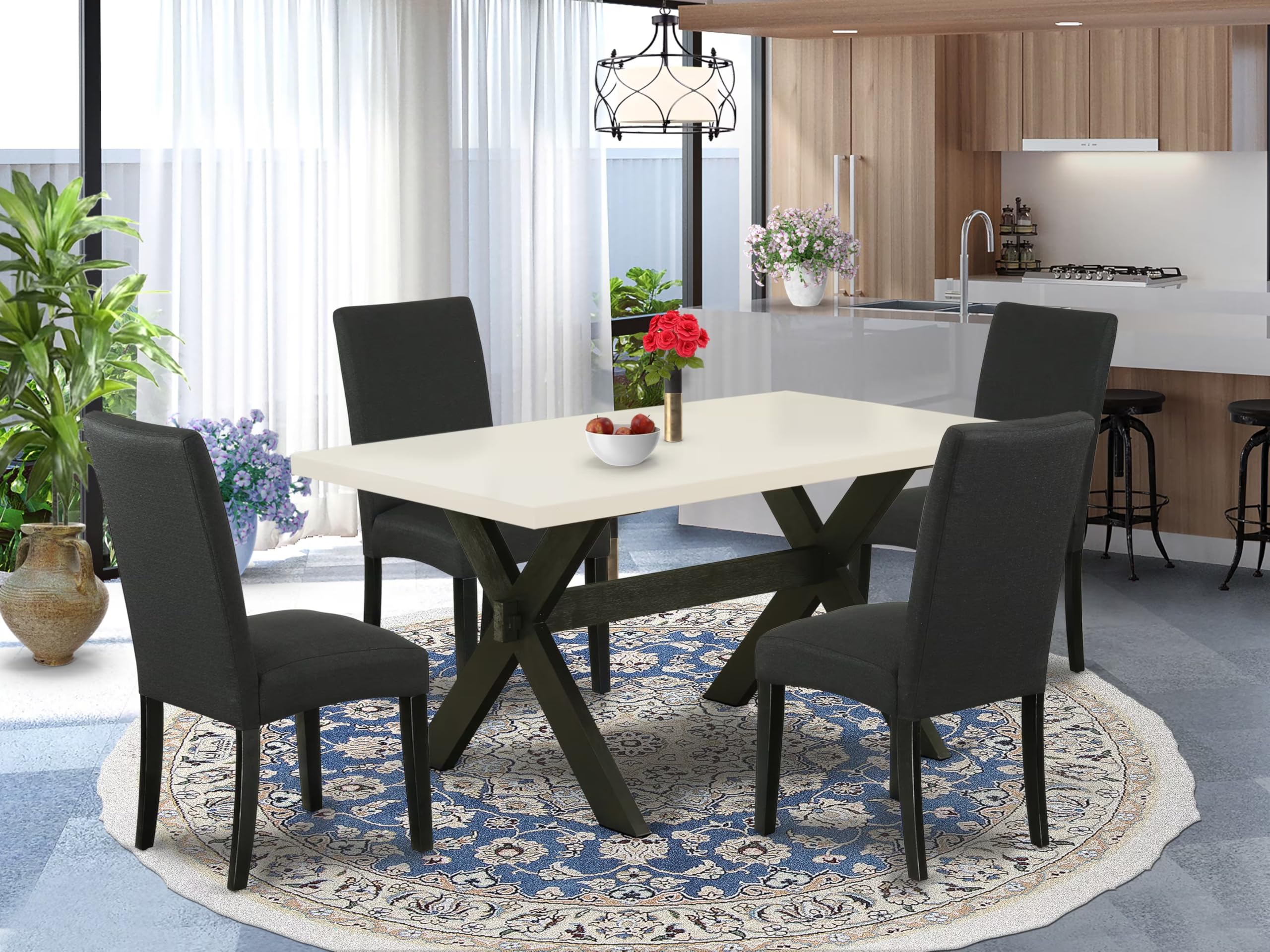 East West Furniture X626Dr124-5 5 Piece Dining Room Furniture Set Includes A Rectangle Dining Table With X-Legs And 4 Black Color Linen Fabric Upholstered Chairs, 36X60 Inch, Multi-Color