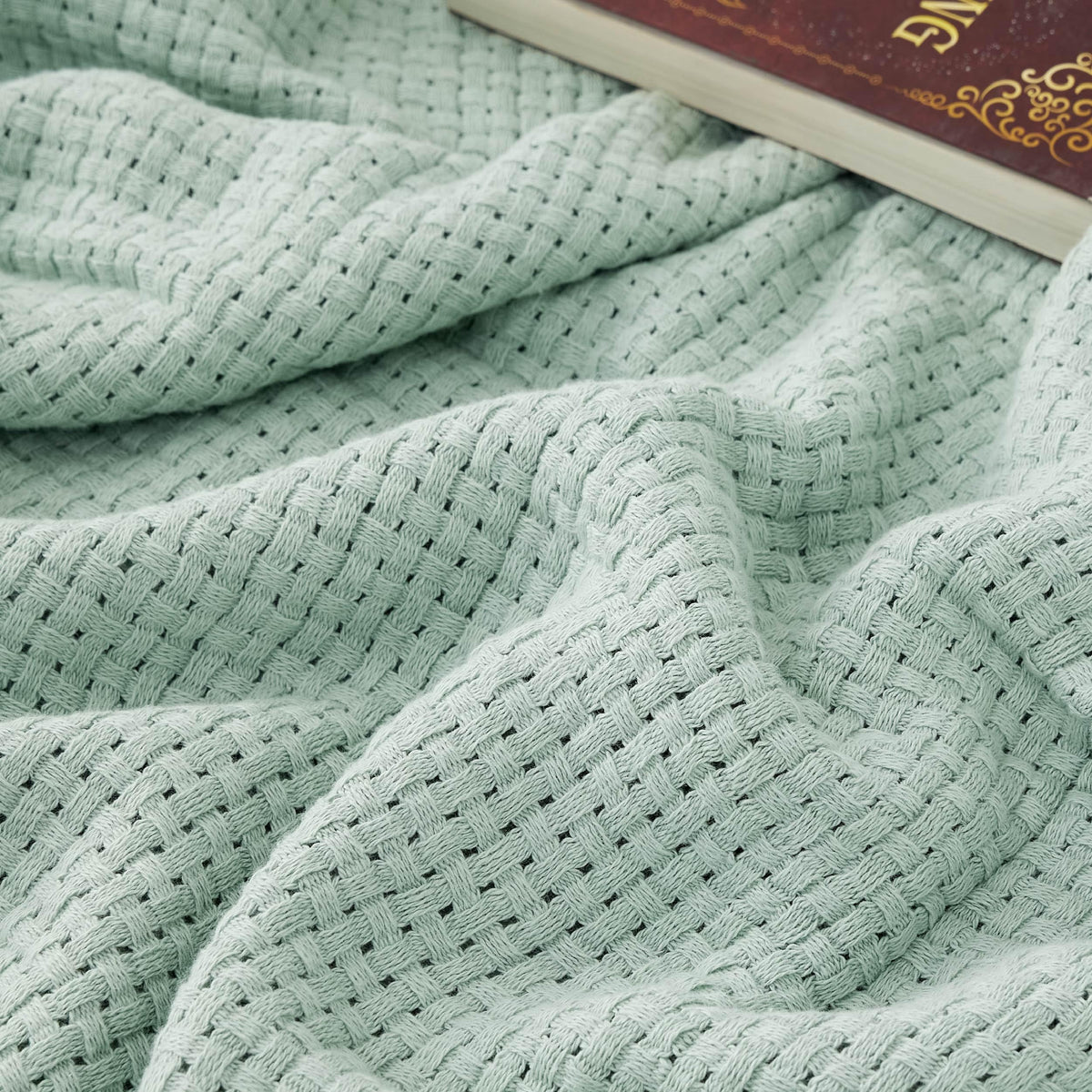 Bedsure 100% Cotton Blanket King Size For Bed - Breathable And Lightweight, Soft Cozy Basket Woven Blanket For Summer, Sage Gree