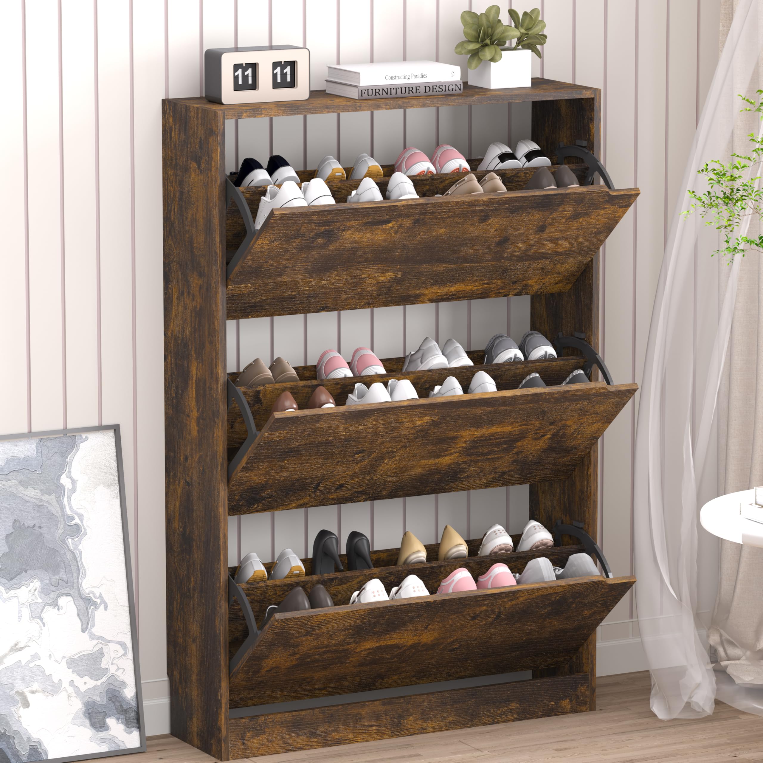 Bornoon Shoe Cabinet With 3 Flip Drawers, Hidden Wood Shoe Cabinet,Freestanding Shoe Storage Cabinet For Entryway Hallway
