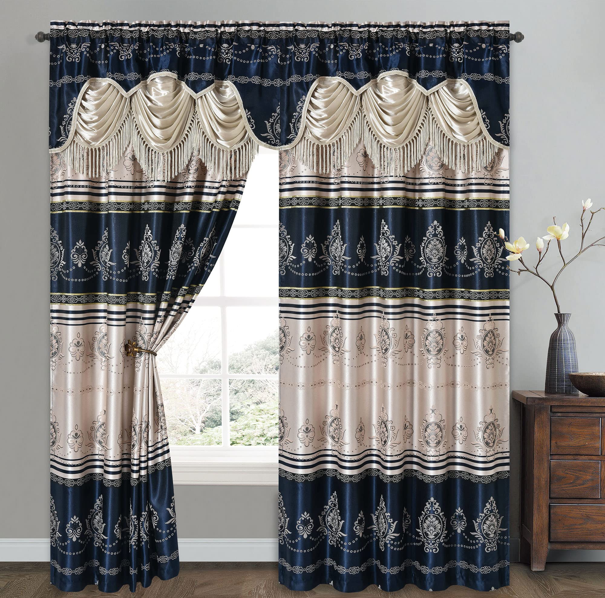 GOHD Harmony Horizon. Jacquard Farmhouse Window Curtain Panel Drape with Attached Fancy Valance. 2pcs Set. Each pc 54 Wide x 90 