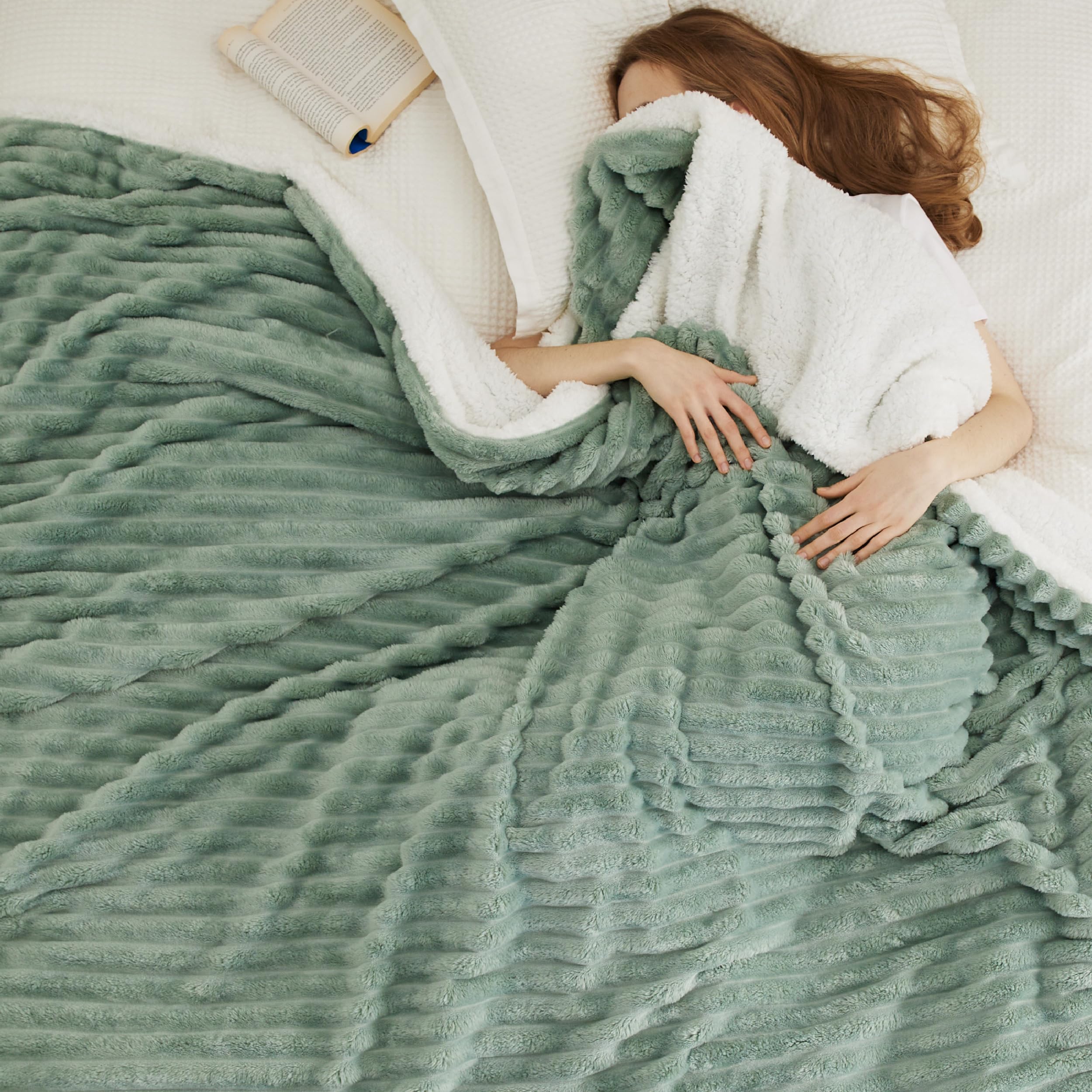 Bedsure Sherpa Blanket Queen Size, 90x90 Inches, Sage Green - Super Soft Plush Fleece Blanket for Cozy Winter Warmth