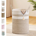 58L Tall Cotton Rope Laundry Basket with Handles, White & Brown