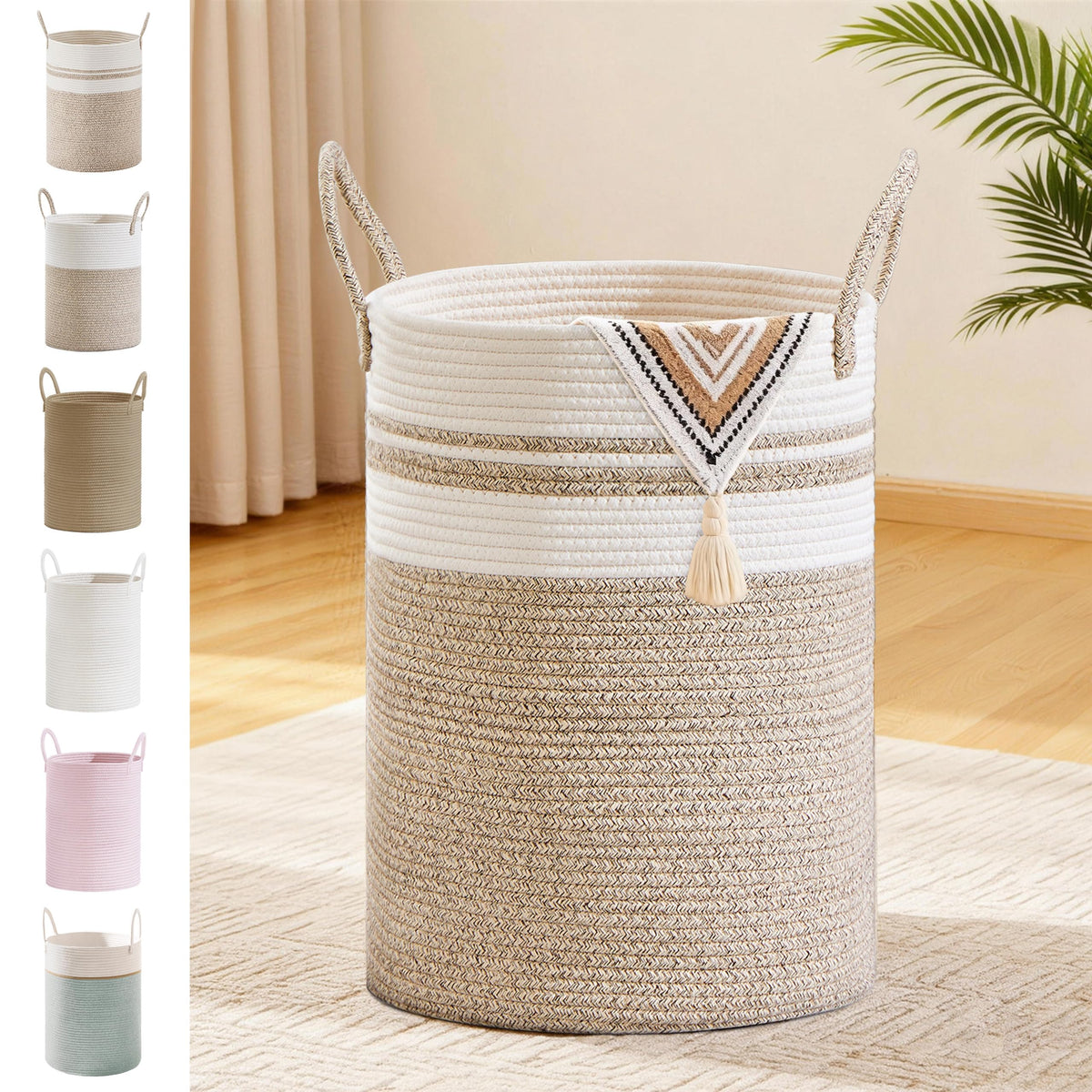 58L Tall Cotton Rope Laundry Basket with Handles, White & Brown