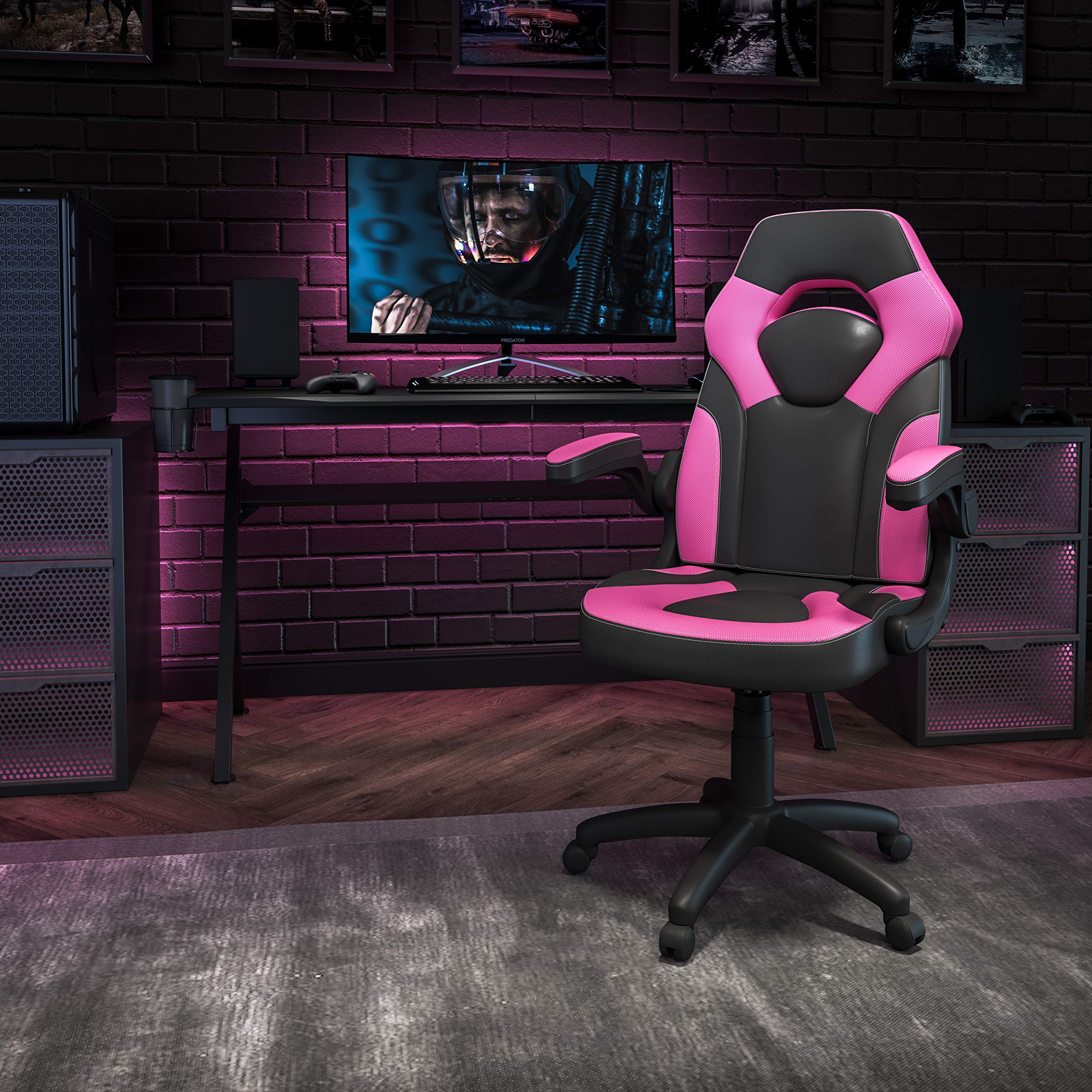 Flash Furniture X10 High-Back Leathersoft Racing Style Gaming Chair With Flip-Up Arms, Ergonomic Padded Swivel Computer Chair, Pink/Black