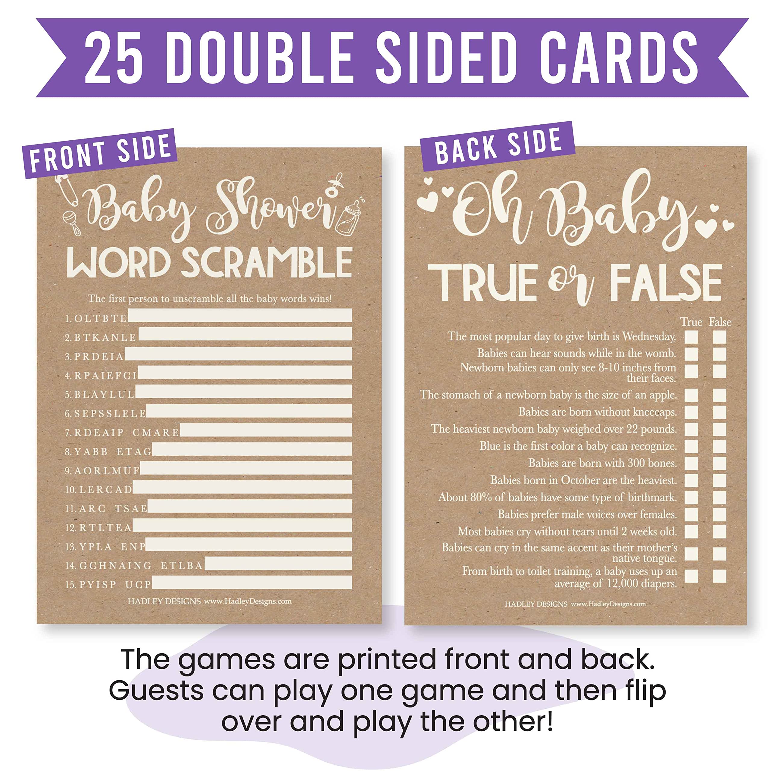 Hadley Designs Rustic Baby Shower Games Gender Neutral, 2 Double Sided, 25 Word Scramble For Baby Shower, 25 True Or False Baby