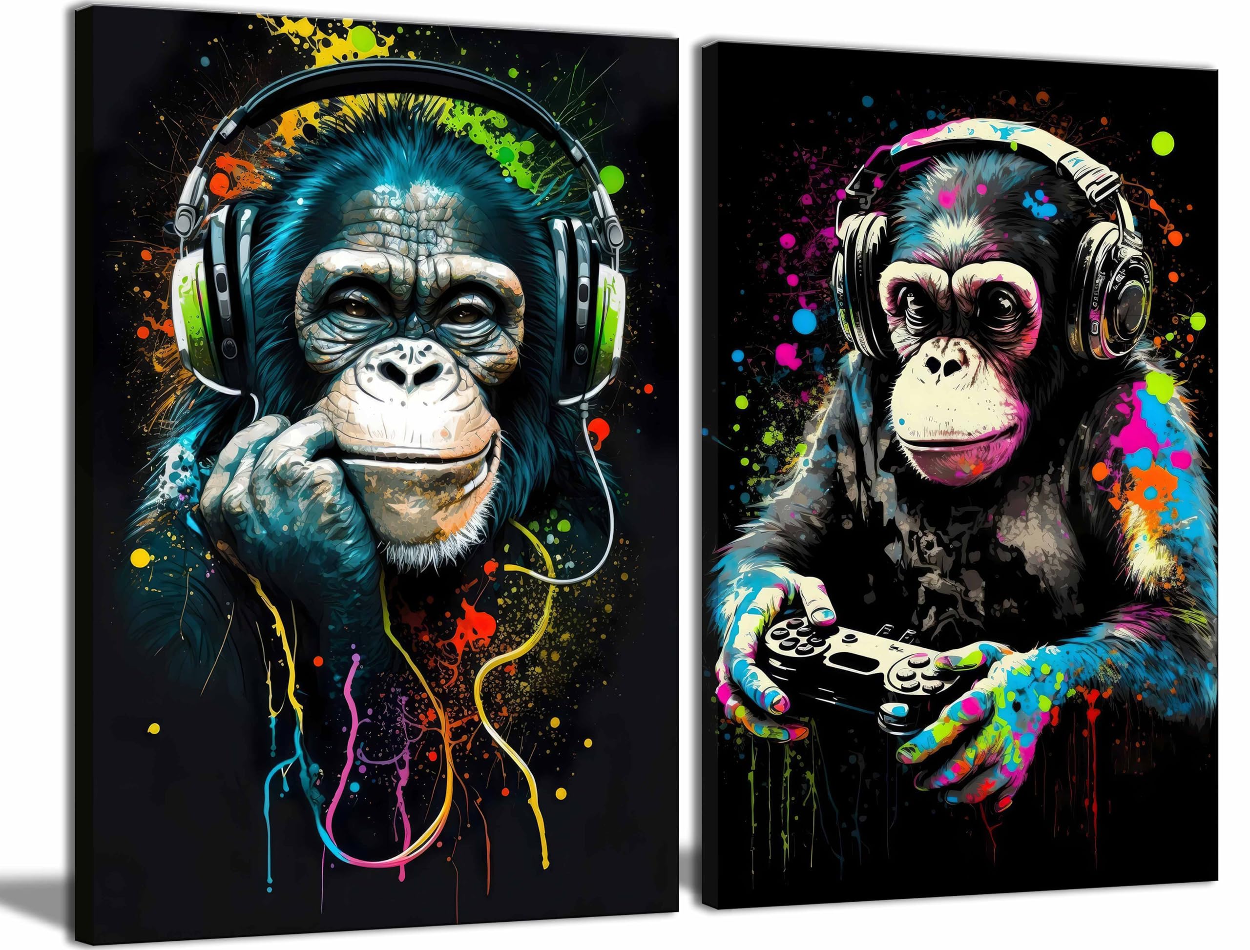 Graffiti Monkey Canvas Wall Art Gaming Room Decor Boys Gamer Controller Poster Animals Vintage Watercolor Cool Music DJ Chimpanz