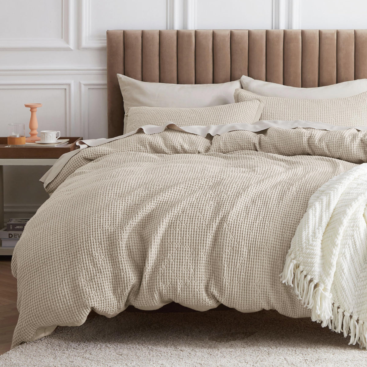 Bedsure Cotton Duvet Cover Set - 100% Cotton Waffle Weave Beige Duvet Cover Oversized Queen Size, Soft And Breathable Duvet Cove