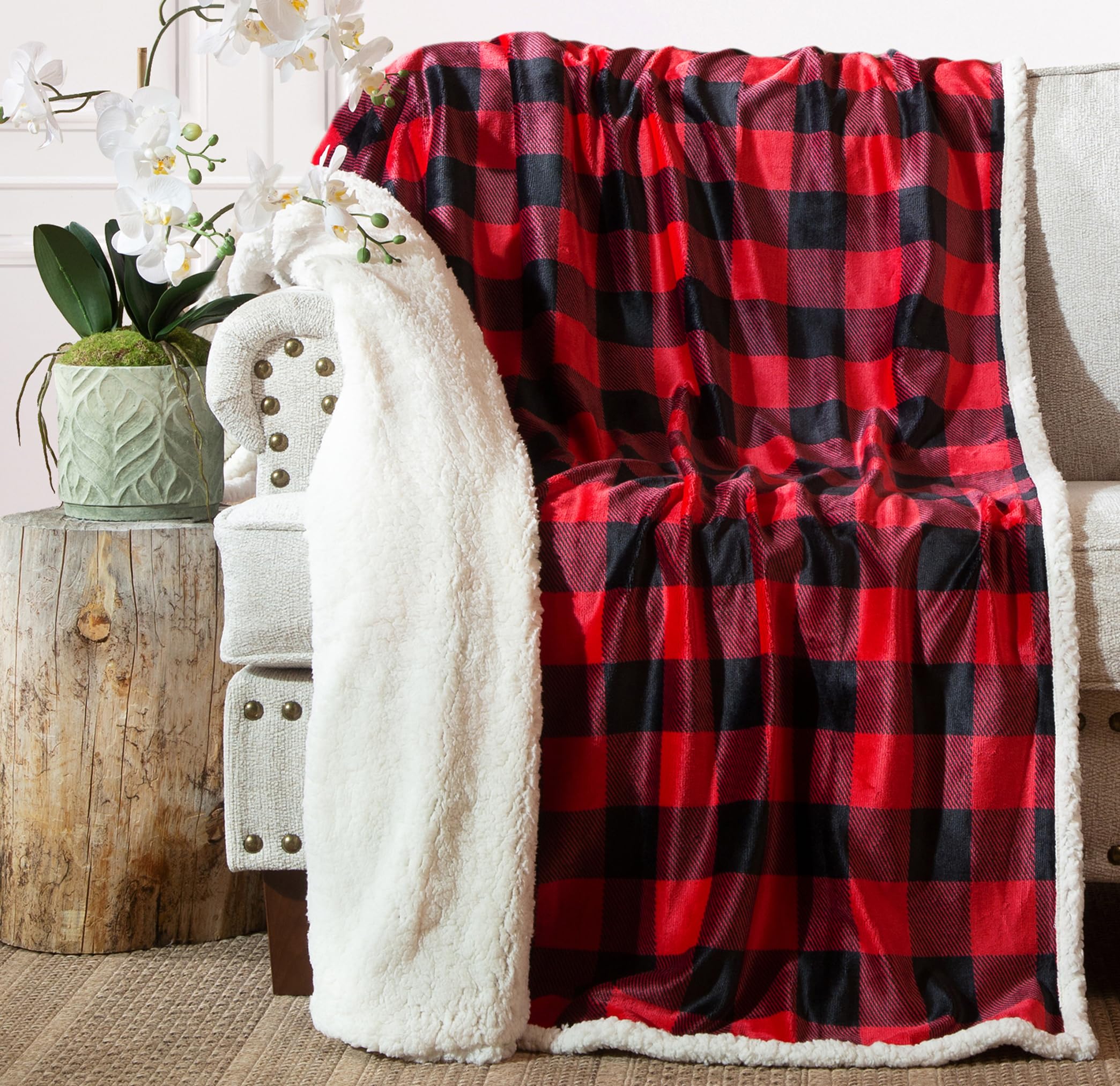 Carstens, Inc. Ultra Premium Super Soft Plush Sherpa Fleece Oversized Throw Blanket 54' X 68', Red Buffalo Plaid