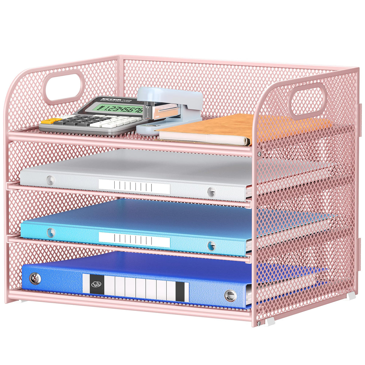 4-Tier Paper Organizer For Desk With Handle, Mesh Desktop File Tray, Office Classroom Organization And Storage - Pink