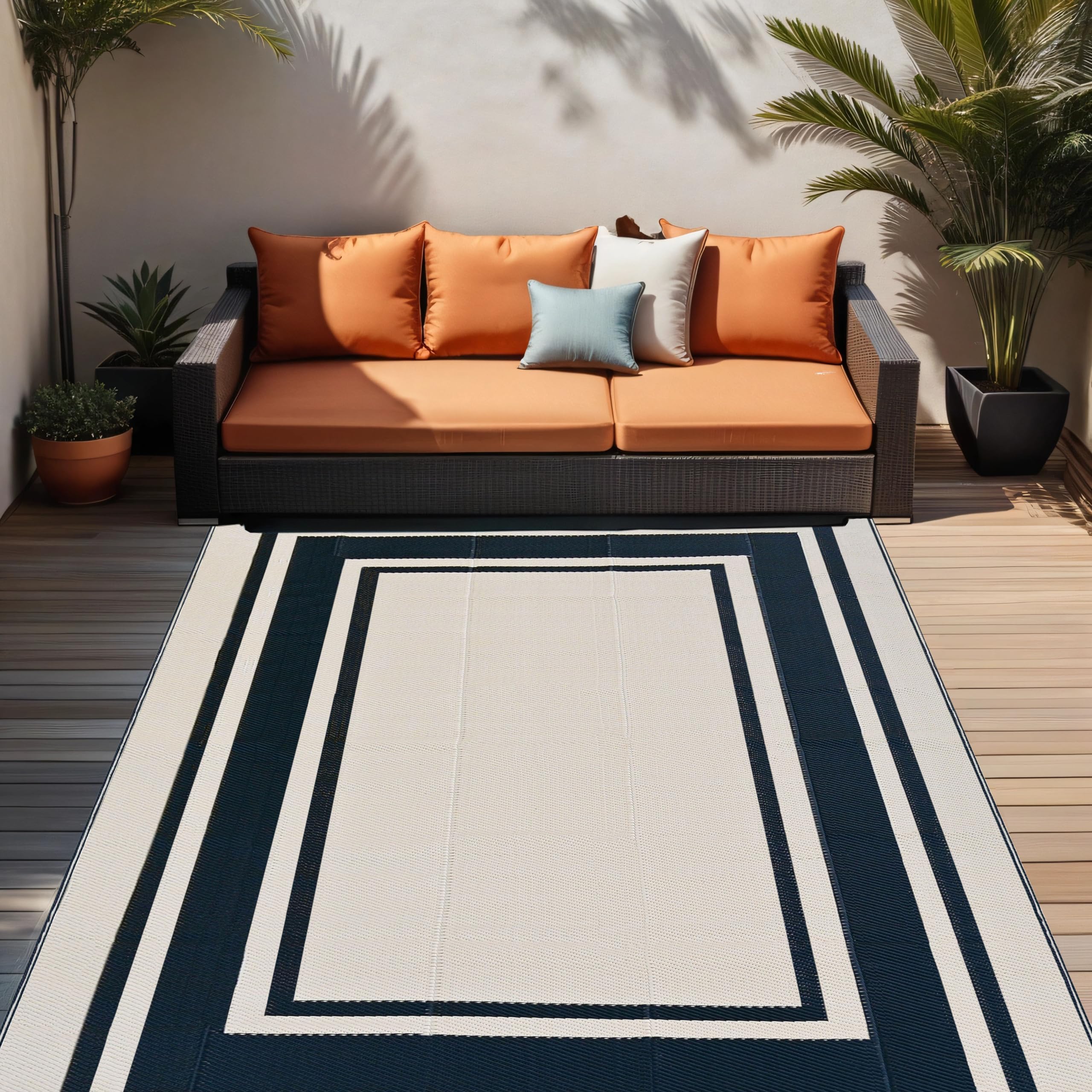 Rurality Outdoor Rugs 6X9 Waterproof For Patios Clearance,Plastic Straw Mats For Backyard,Porch,Deck,Balcony,Reversible,Black And Beige
